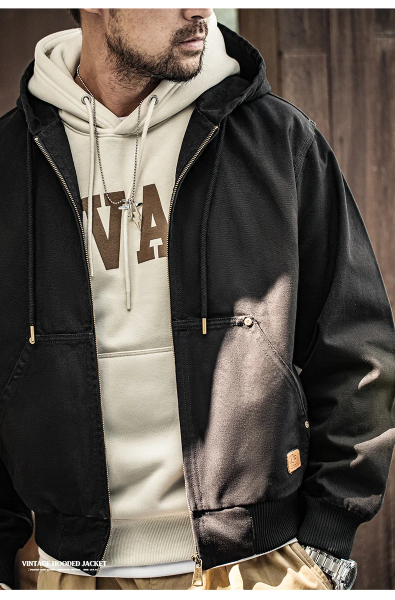 Maden Vintage J130 Heavyweight Hooded Jacket Canvas Classic Short Zip Front Solid Color Outerwear for Men Autumn Streetwear Coat