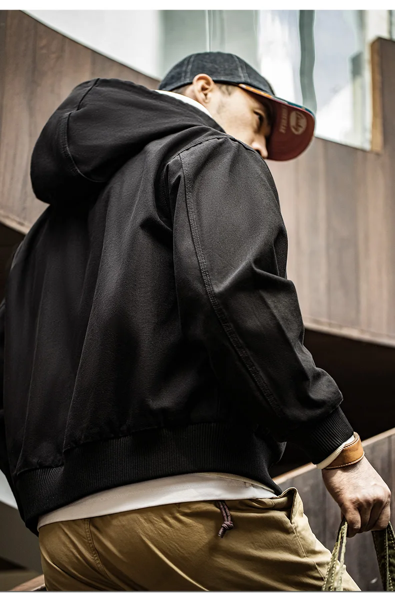 Maden Vintage J130 Heavyweight Hooded Jacket Canvas Classic Short Zip Front Solid Color Outerwear for Men Autumn Streetwear Coat
