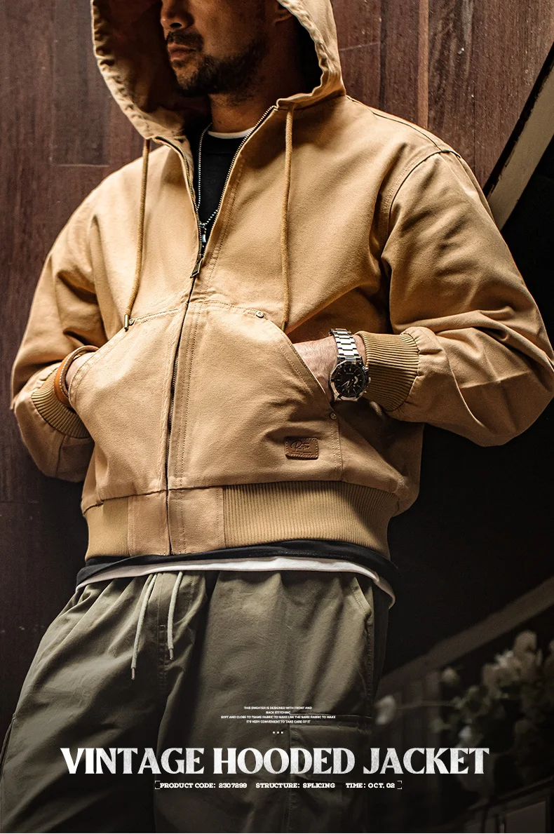 Maden Vintage J130 Heavyweight Hooded Jacket Canvas Classic Short Zip Front Solid Color Outerwear for Men Autumn Streetwear Coat