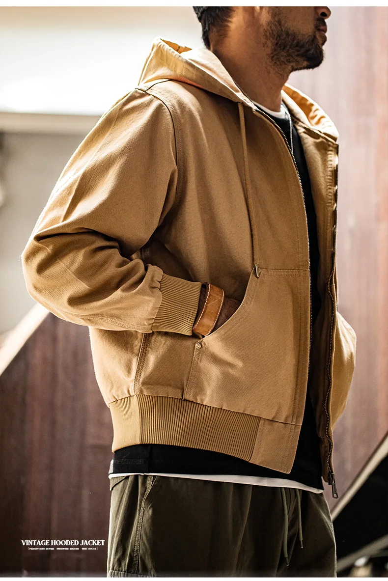 Maden Vintage J130 Heavyweight Hooded Jacket Canvas Classic Short Zip Front Solid Color Outerwear for Men Autumn Streetwear Coat