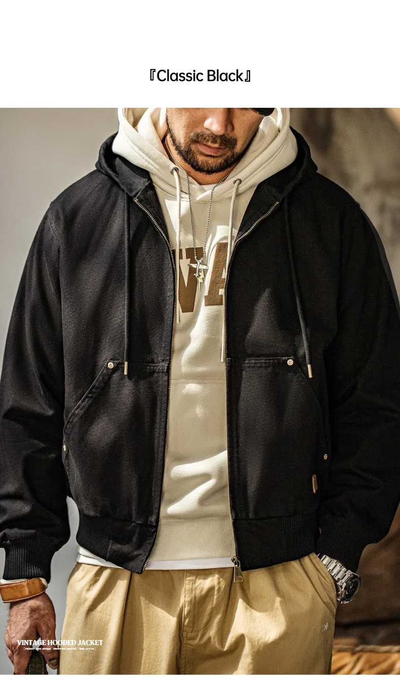 Maden Vintage J130 Heavyweight Hooded Jacket Canvas Classic Short Zip Front Solid Color Outerwear for Men Autumn Streetwear Coat