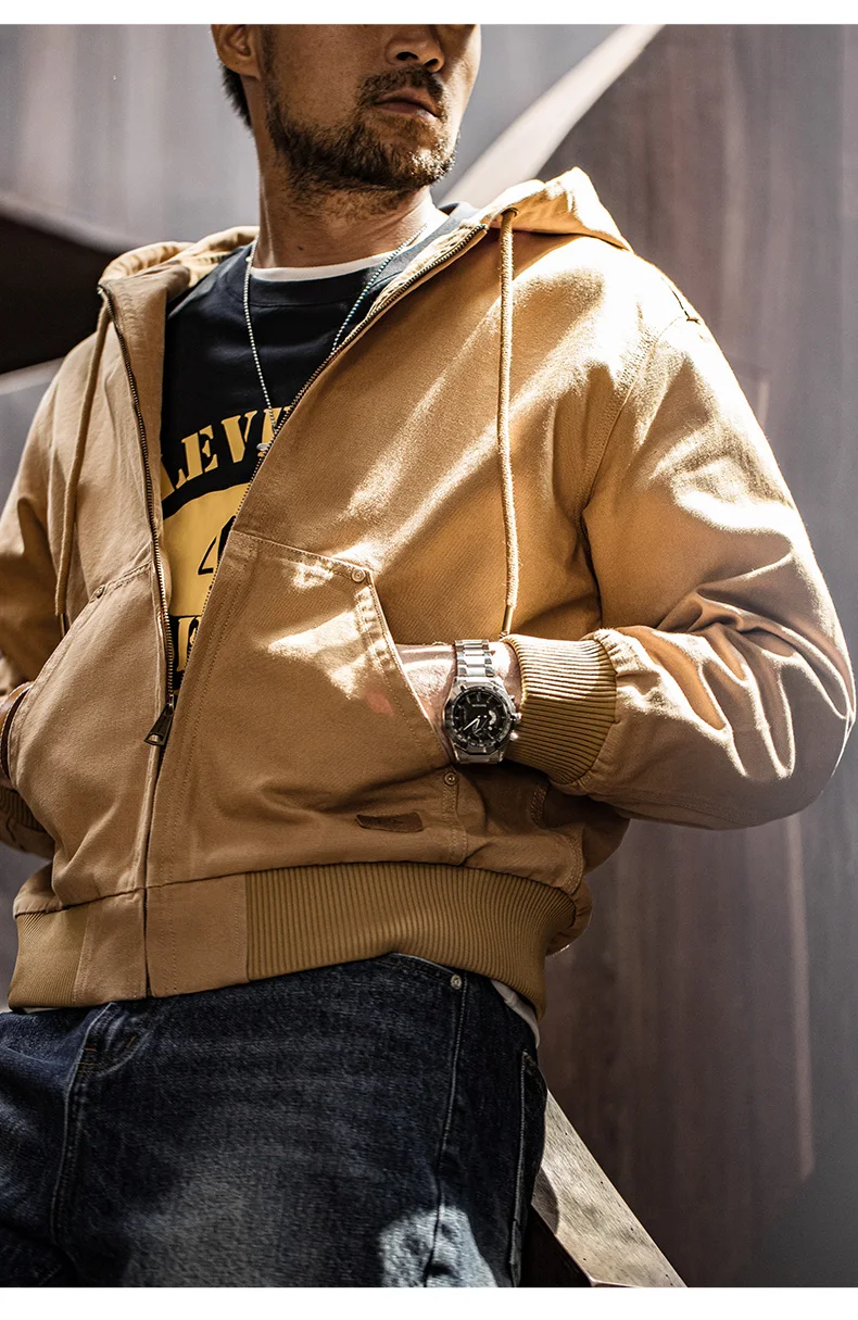 Maden Vintage J130 Heavyweight Hooded Jacket Canvas Classic Short Zip Front Solid Color Outerwear for Men Autumn Streetwear Coat