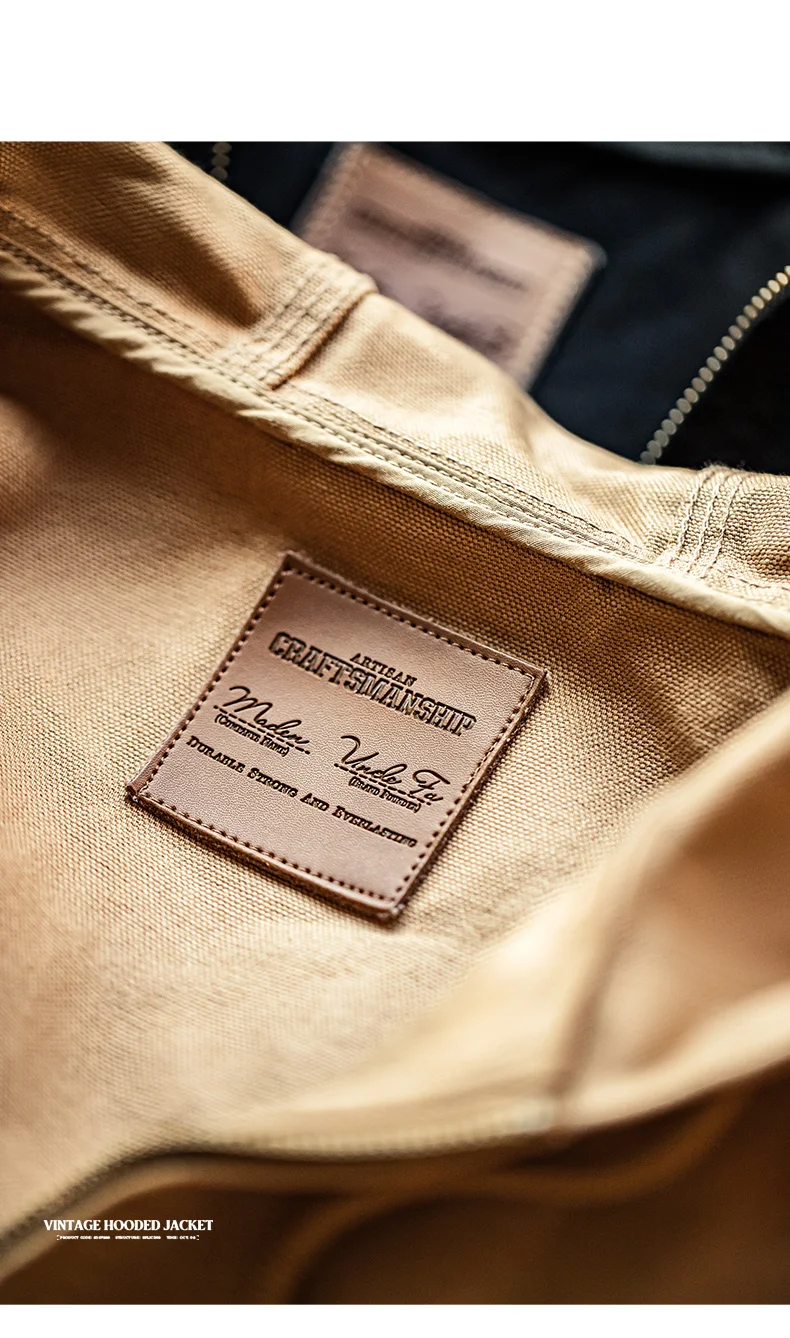 Maden Vintage J130 Heavyweight Hooded Jacket Canvas Classic Short Zip Front Solid Color Outerwear for Men Autumn Streetwear Coat