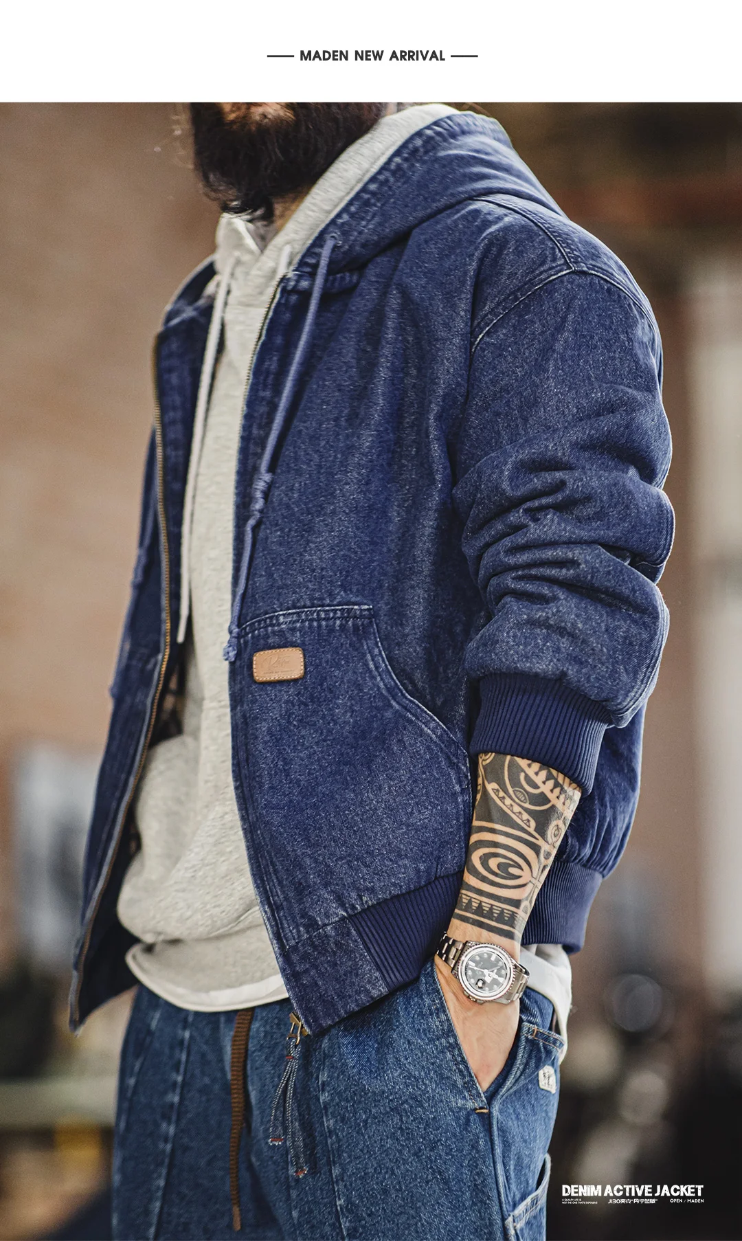 Maden Vintage J130 Heavyweight Hooded Jacket Canvas Classic Short Zip Front Solid Color Outerwear for Men Autumn Streetwear Coat