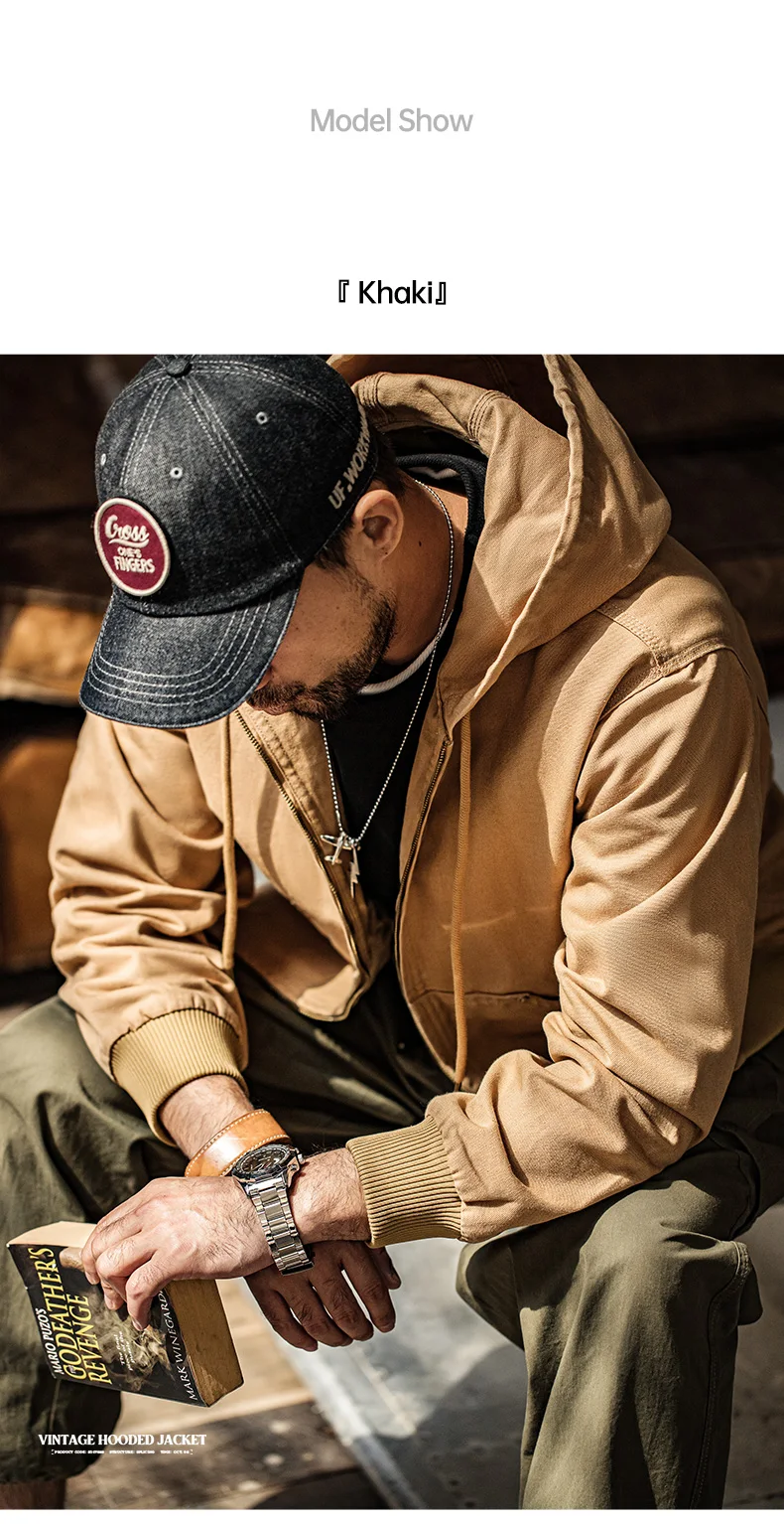 Maden Vintage J130 Heavyweight Hooded Jacket Canvas Classic Short Zip Front Solid Color Outerwear for Men Autumn Streetwear Coat