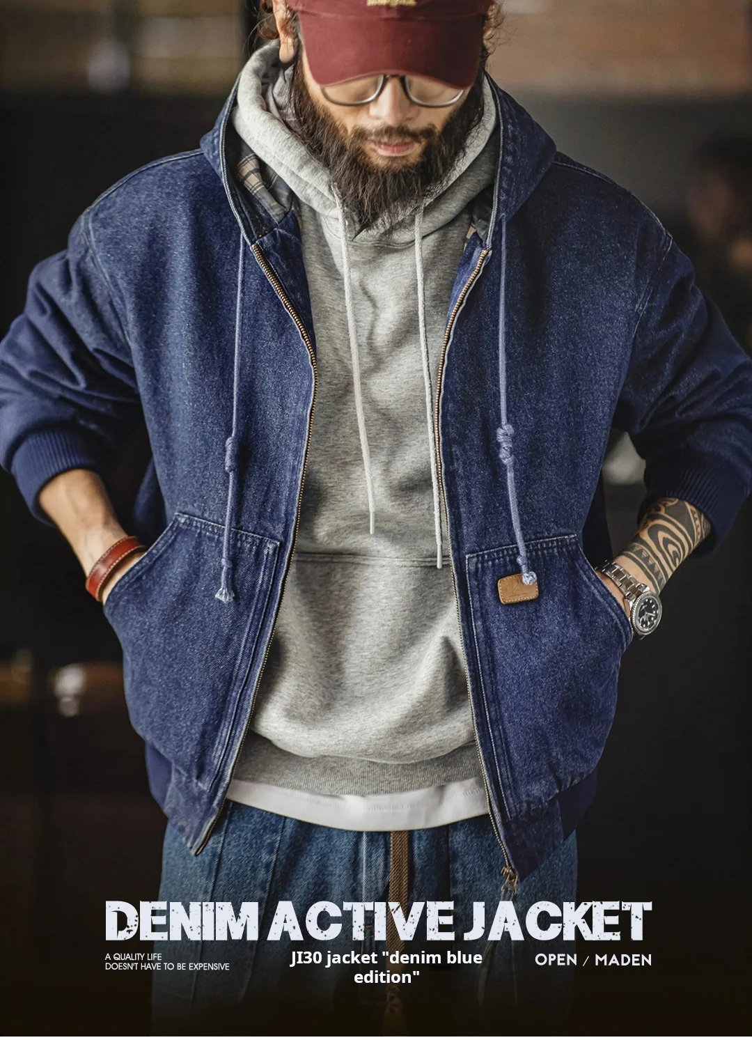 Maden Vintage J130 Heavyweight Hooded Jacket Canvas Classic Short Zip Front Solid Color Outerwear for Men Autumn Streetwear Coat