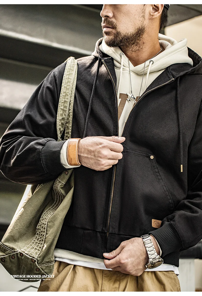Maden Vintage J130 Heavyweight Hooded Jacket Canvas Classic Short Zip Front Solid Color Outerwear for Men Autumn Streetwear Coat