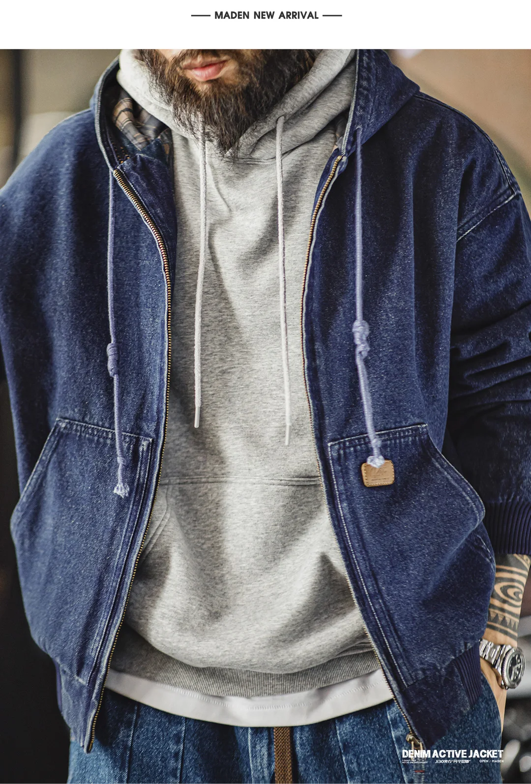 Maden Vintage J130 Heavyweight Hooded Jacket Canvas Classic Short Zip Front Solid Color Outerwear for Men Autumn Streetwear Coat