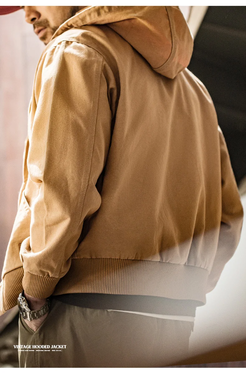 Maden Vintage J130 Heavyweight Hooded Jacket Canvas Classic Short Zip Front Solid Color Outerwear for Men Autumn Streetwear Coat