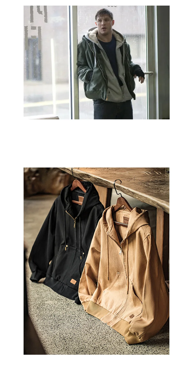 Maden Vintage J130 Heavyweight Hooded Jacket Canvas Classic Short Zip Front Solid Color Outerwear for Men Autumn Streetwear Coat