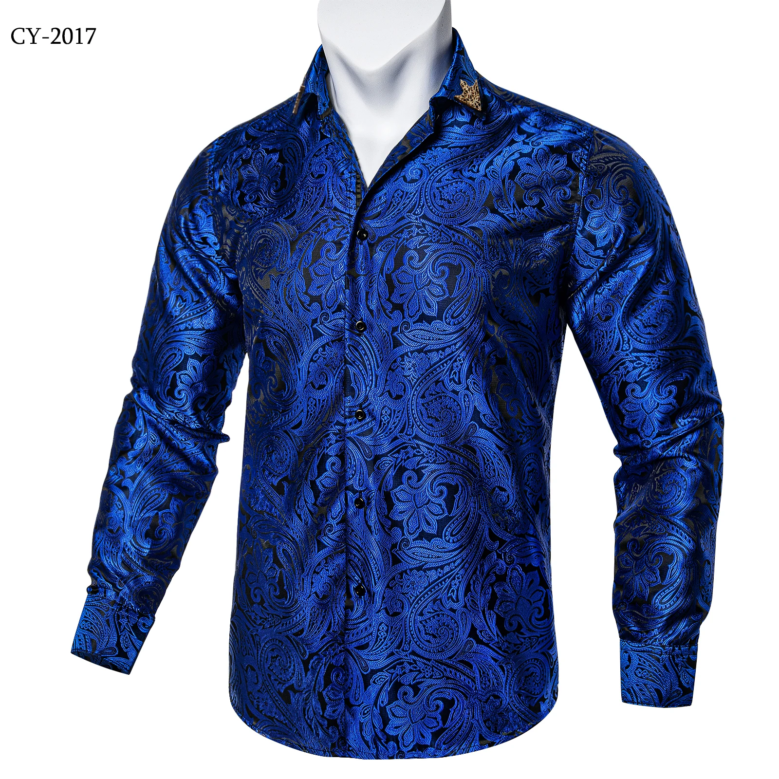 Men's Business Dress Shirts Black Gold Long Sleeve Formal Button-Down Collar Social Slim Fit Shirt Spring Man Casual Blouse