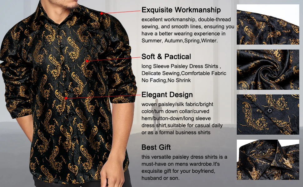 Men's Business Dress Shirts Black Gold Long Sleeve Formal Button-Down Collar Social Slim Fit Shirt Spring Man Casual Blouse