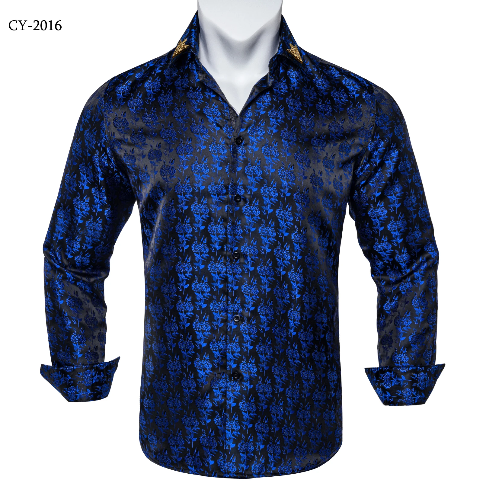 Men's Business Dress Shirts Black Gold Long Sleeve Formal Button-Down Collar Social Slim Fit Shirt Spring Man Casual Blouse