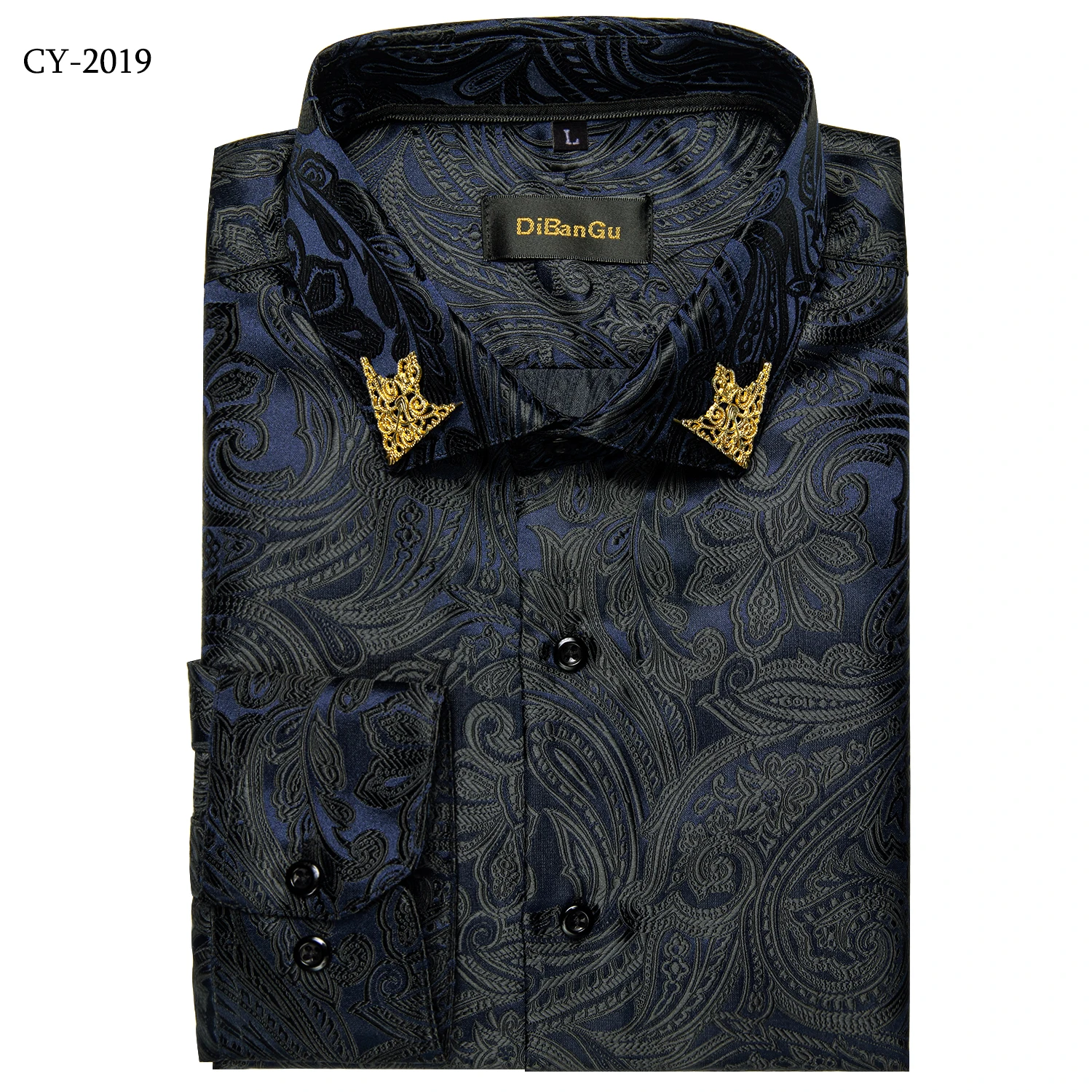 Men's Business Dress Shirts Black Gold Long Sleeve Formal Button-Down Collar Social Slim Fit Shirt Spring Man Casual Blouse