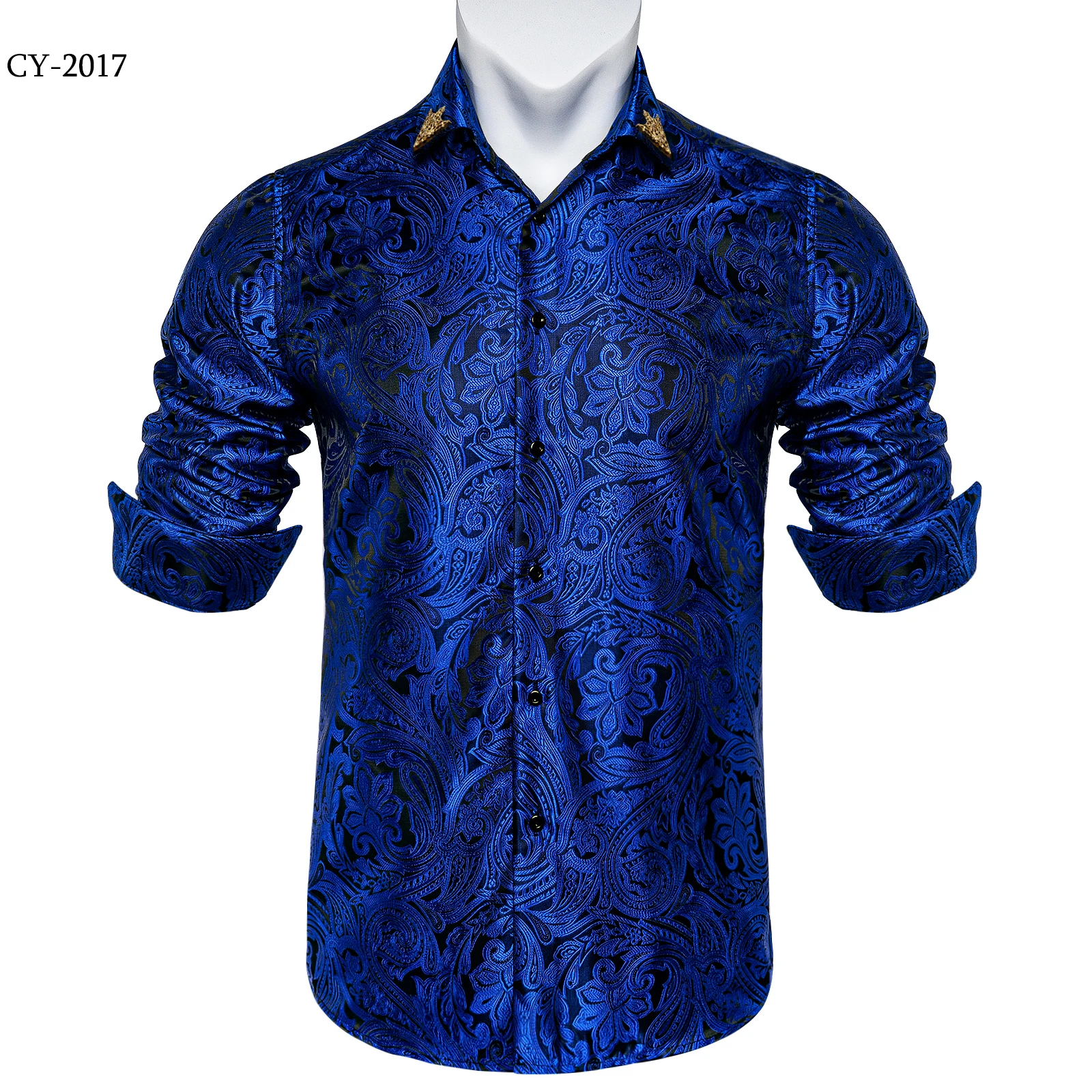 Men's Business Dress Shirts Black Gold Long Sleeve Formal Button-Down Collar Social Slim Fit Shirt Spring Man Casual Blouse
