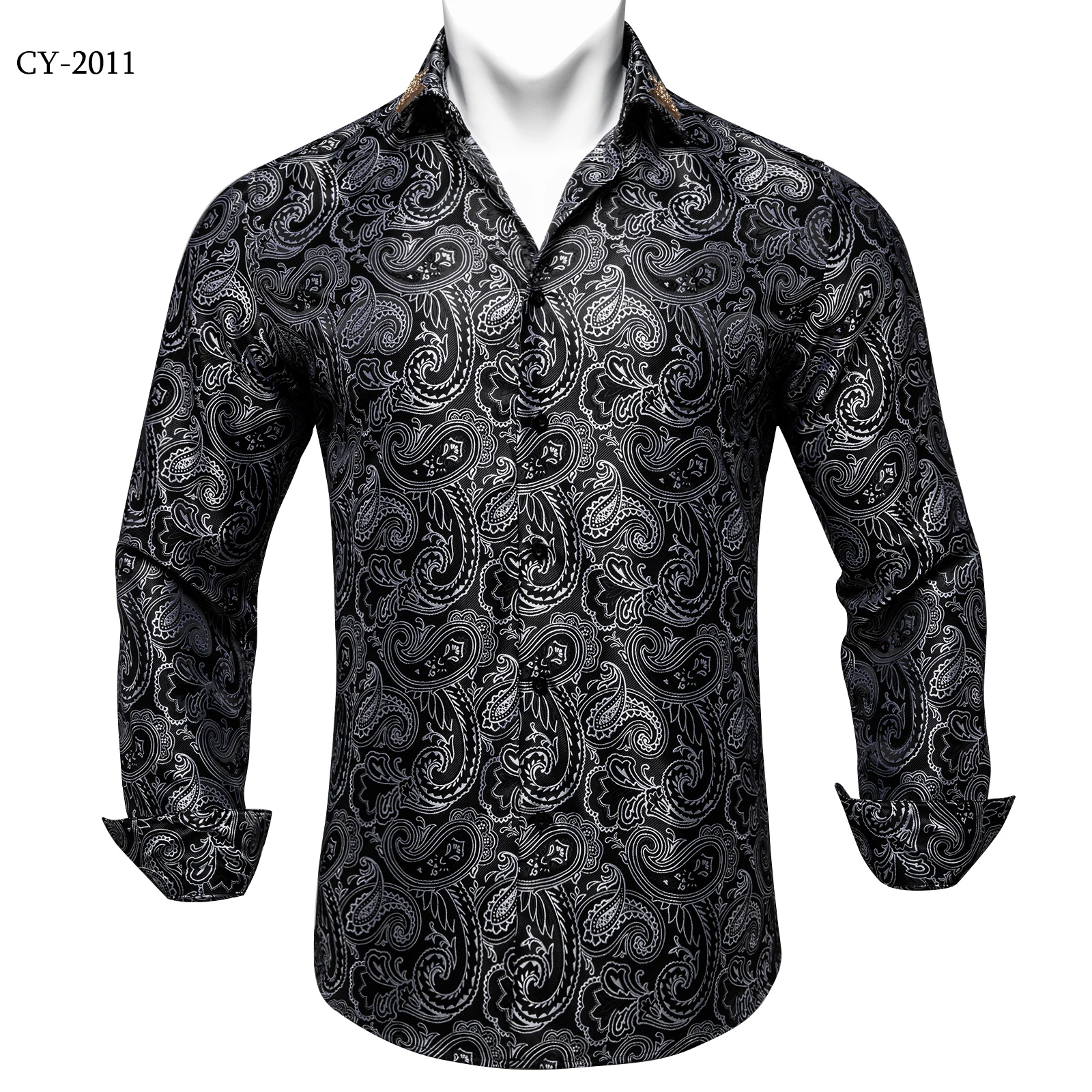 Men's Business Dress Shirts Black Gold Long Sleeve Formal Button-Down Collar Social Slim Fit Shirt Spring Man Casual Blouse