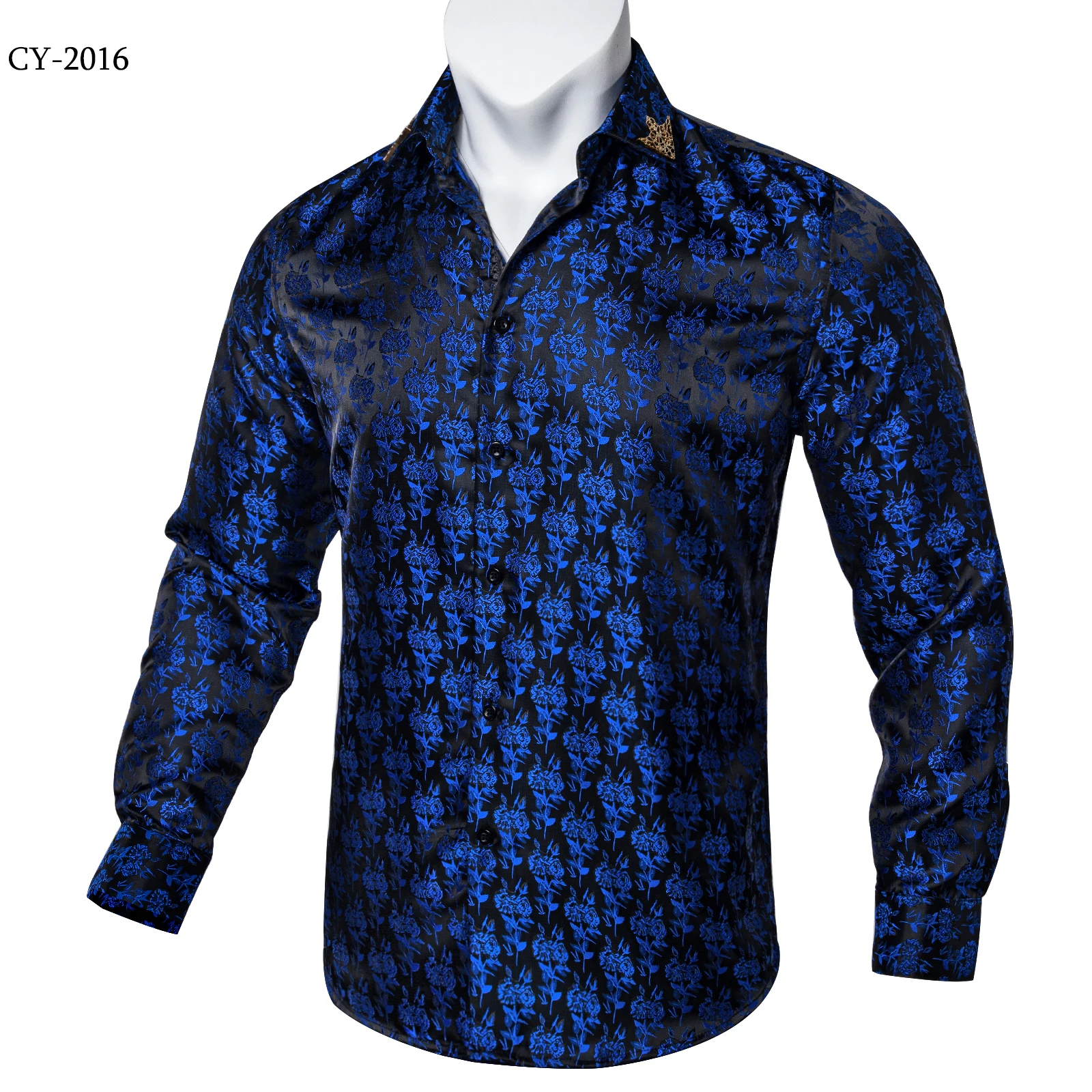 Men's Business Dress Shirts Black Gold Long Sleeve Formal Button-Down Collar Social Slim Fit Shirt Spring Man Casual Blouse