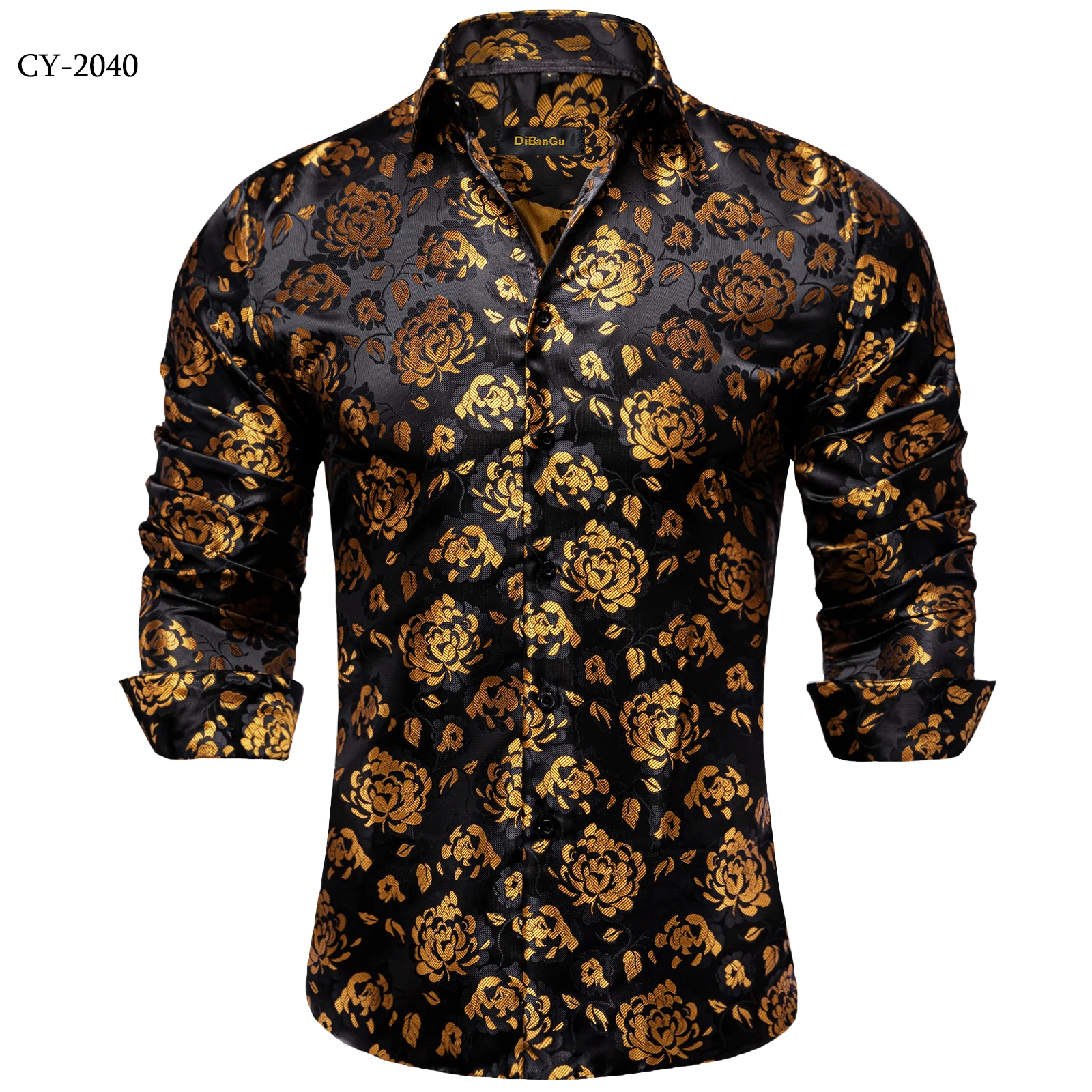Men's Business Dress Shirts Black Gold Long Sleeve Formal Button-Down Collar Social Slim Fit Shirt Spring Man Casual Blouse
