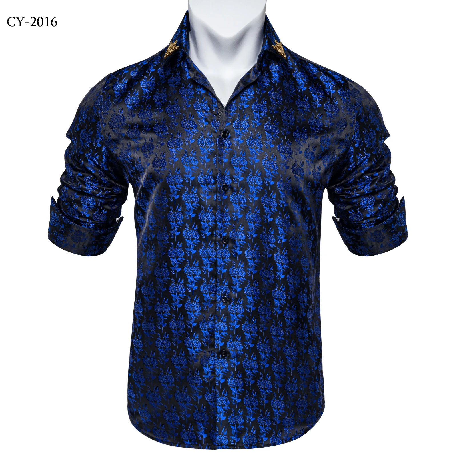 Men's Business Dress Shirts Black Gold Long Sleeve Formal Button-Down Collar Social Slim Fit Shirt Spring Man Casual Blouse