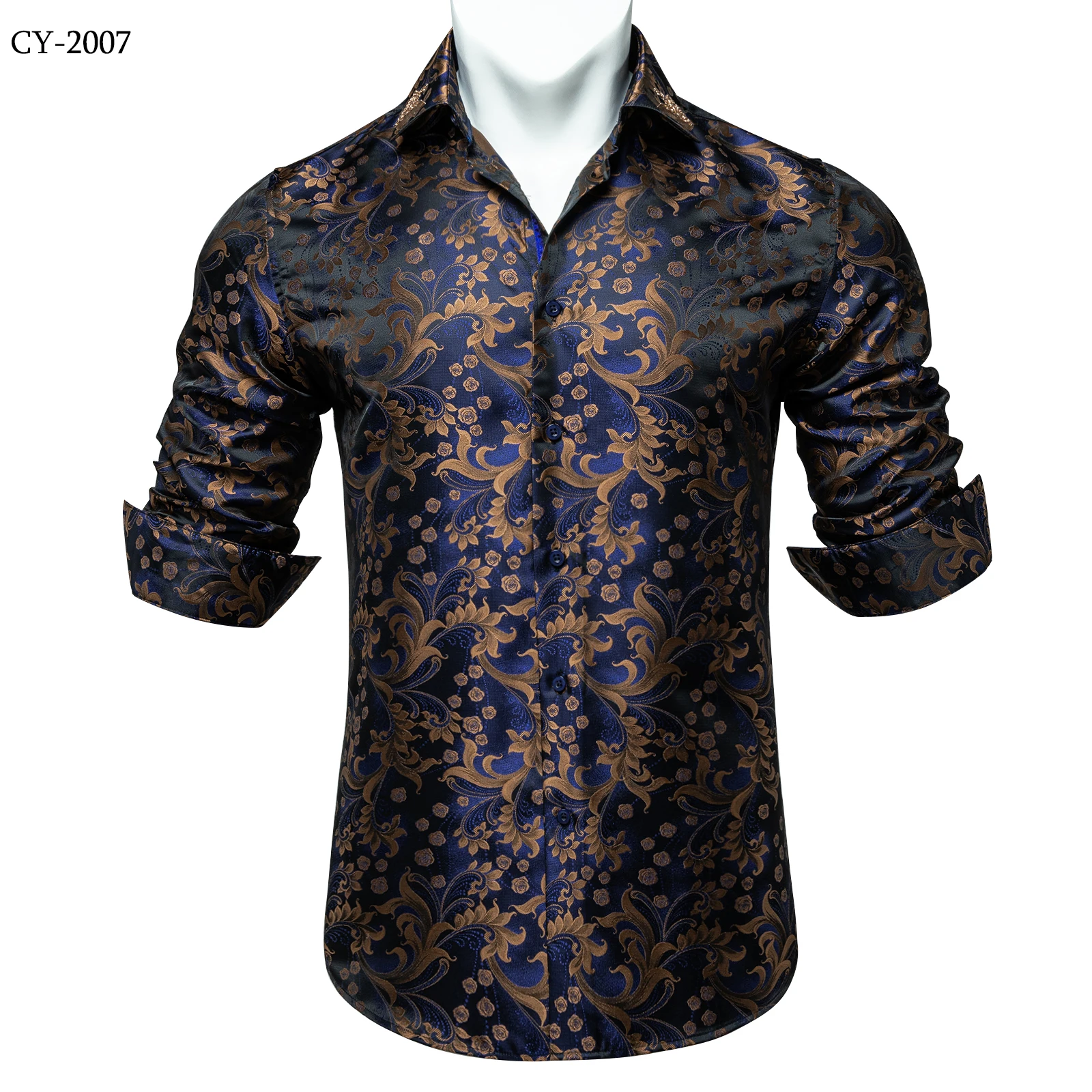 Men's Business Dress Shirts Black Gold Long Sleeve Formal Button-Down Collar Social Slim Fit Shirt Spring Man Casual Blouse