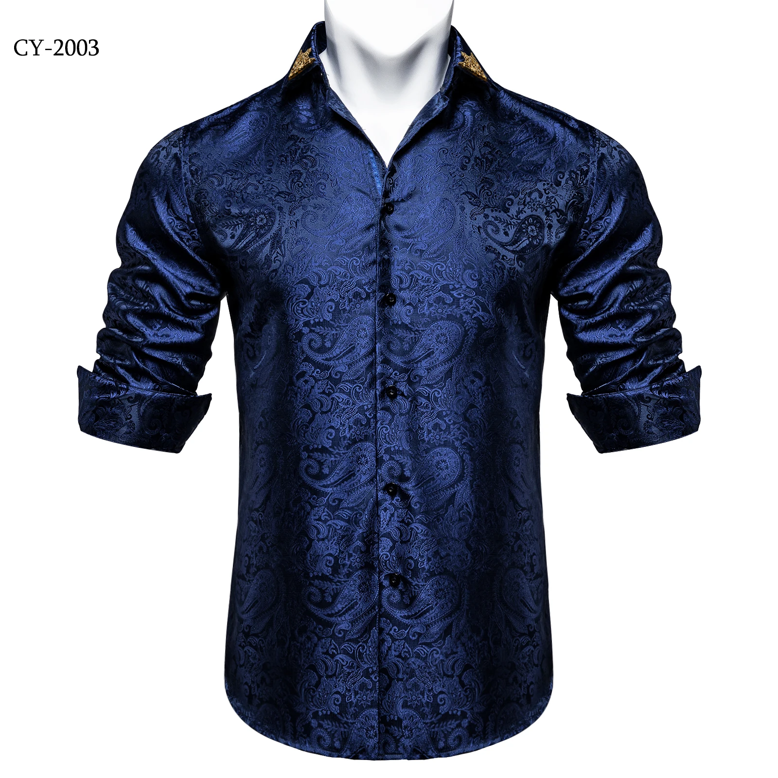 Men's Business Dress Shirts Black Gold Long Sleeve Formal Button-Down Collar Social Slim Fit Shirt Spring Man Casual Blouse