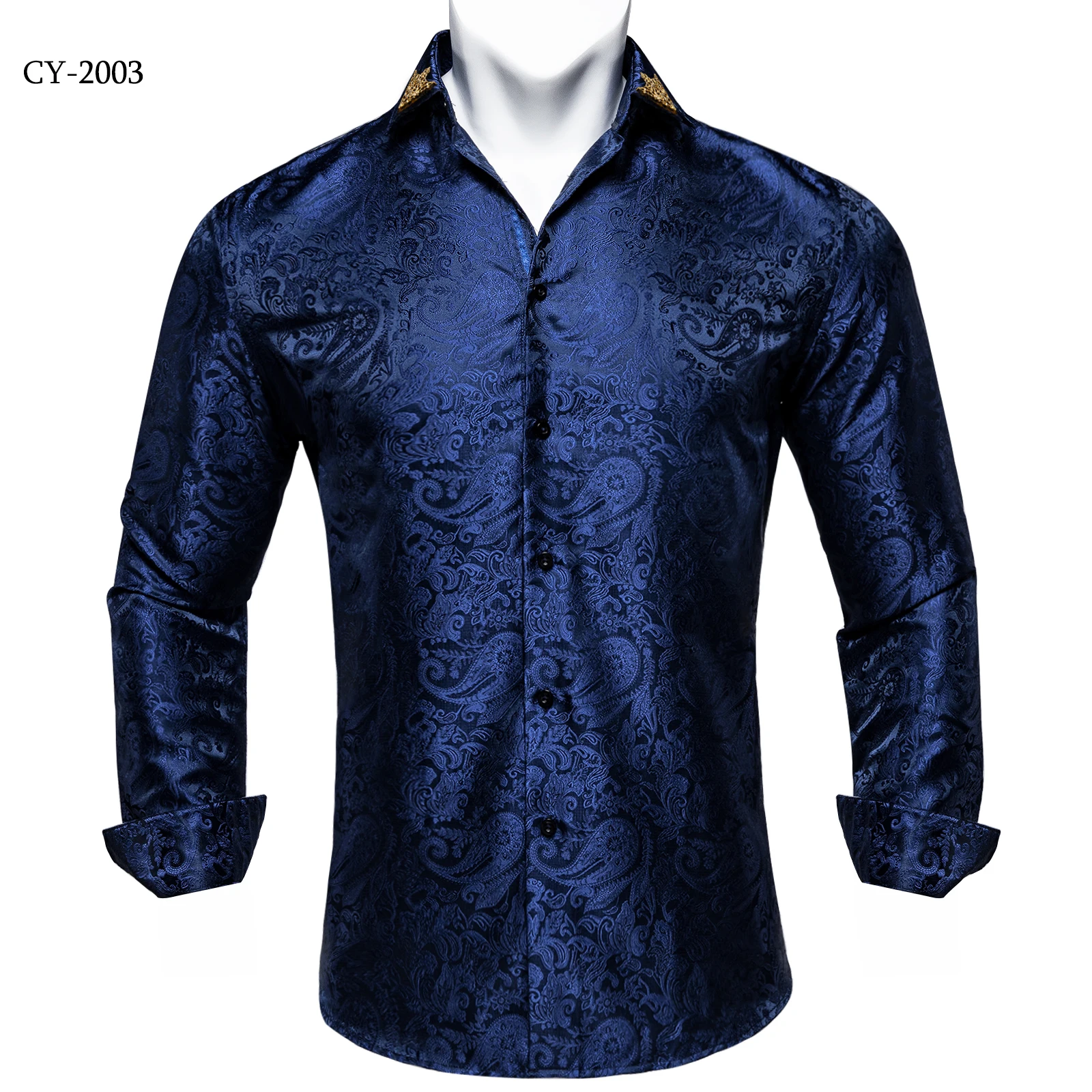 Men's Business Dress Shirts Black Gold Long Sleeve Formal Button-Down Collar Social Slim Fit Shirt Spring Man Casual Blouse