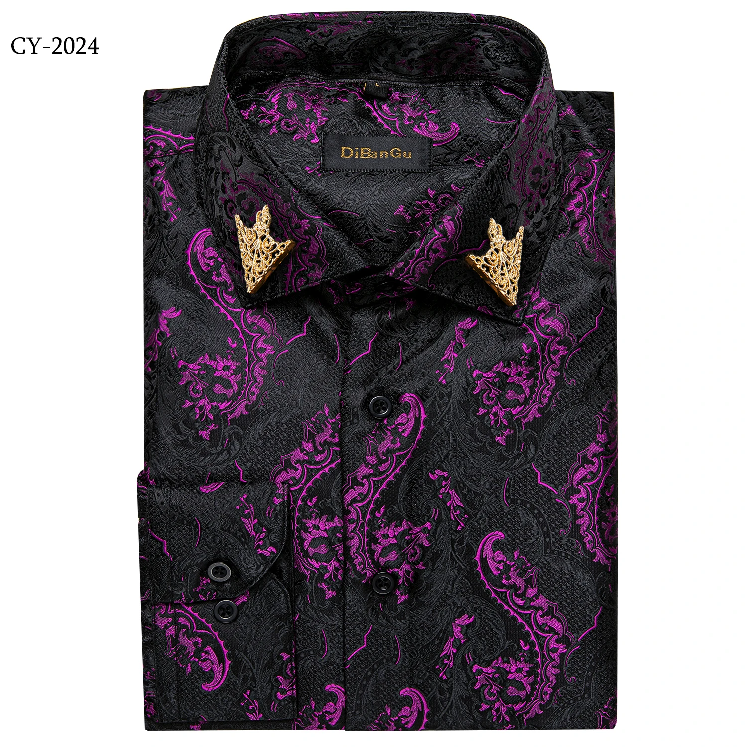 Men's Business Dress Shirts Black Gold Long Sleeve Formal Button-Down Collar Social Slim Fit Shirt Spring Man Casual Blouse