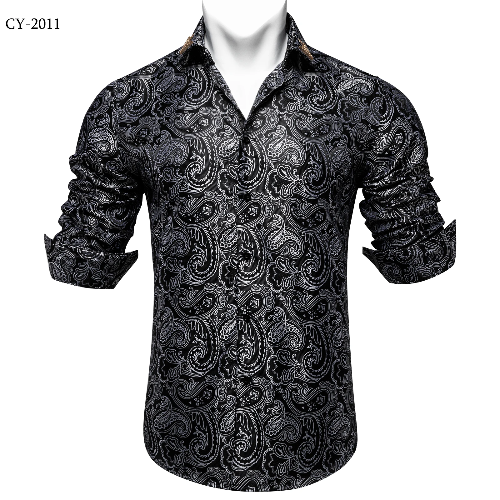 Men's Business Dress Shirts Black Gold Long Sleeve Formal Button-Down Collar Social Slim Fit Shirt Spring Man Casual Blouse