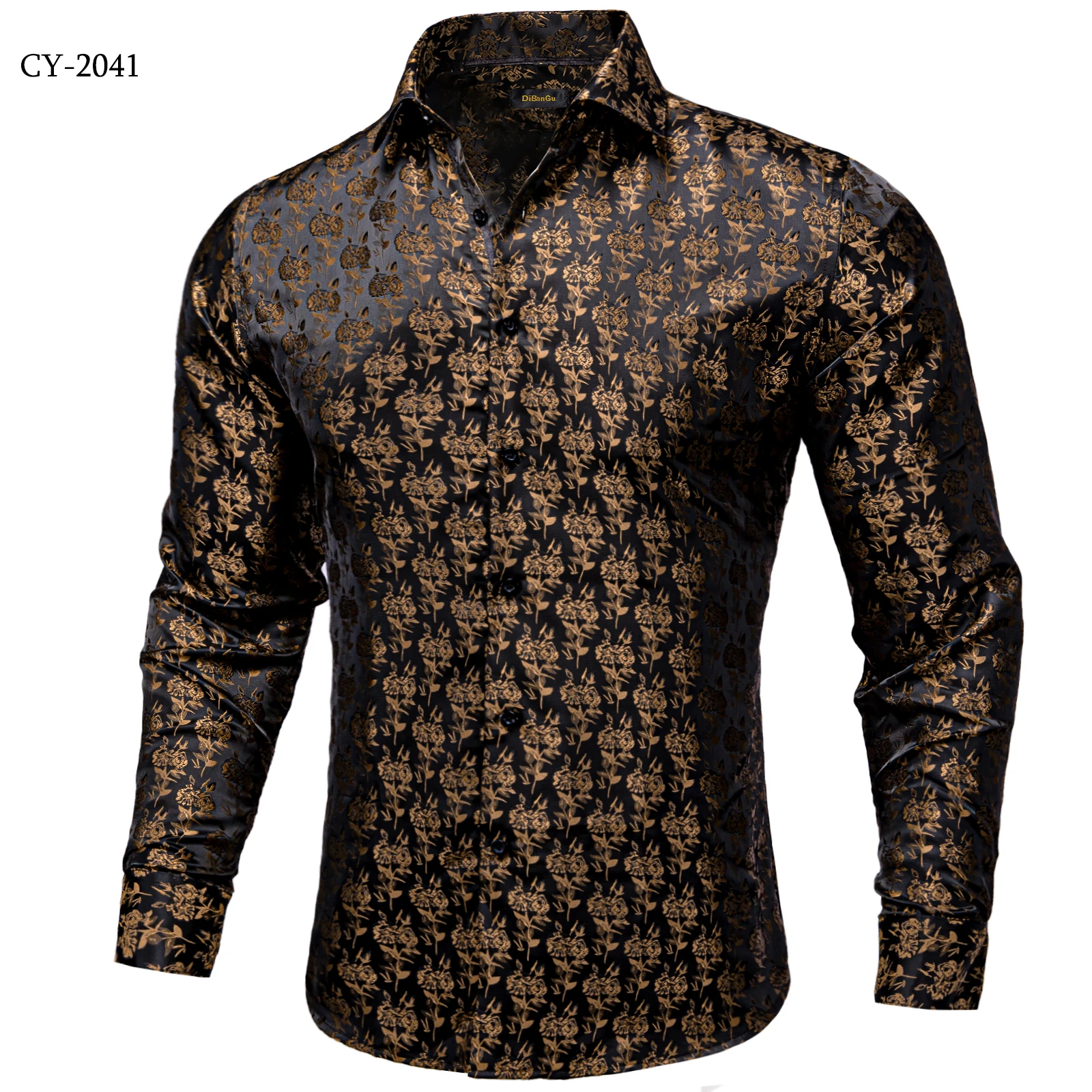 Men's Business Dress Shirts Black Gold Long Sleeve Formal Button-Down Collar Social Slim Fit Shirt Spring Man Casual Blouse