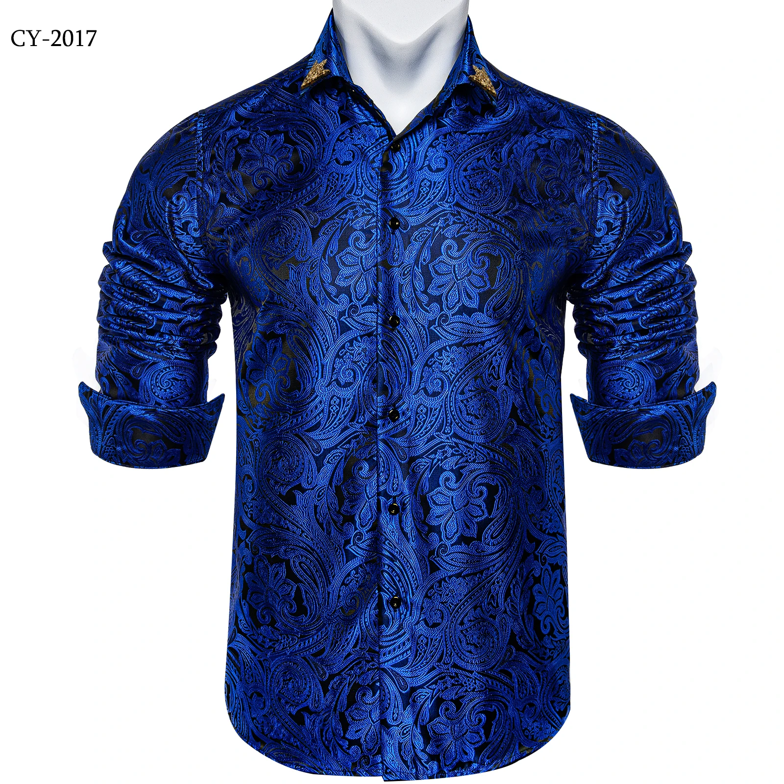 Men's Business Dress Shirts Black Gold Long Sleeve Formal Button-Down Collar Social Slim Fit Shirt Spring Man Casual Blouse