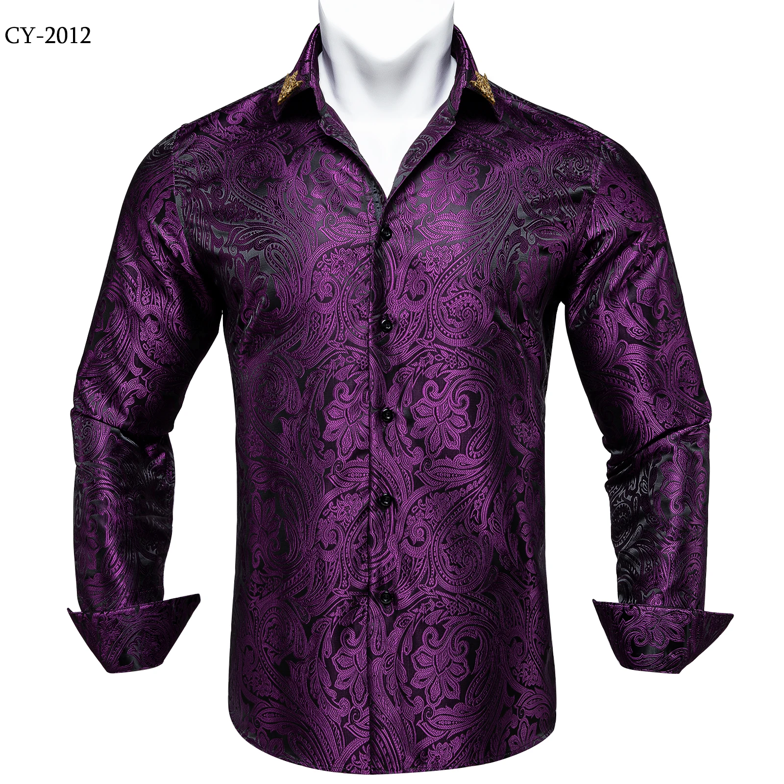 Men's Business Dress Shirts Black Gold Long Sleeve Formal Button-Down Collar Social Slim Fit Shirt Spring Man Casual Blouse