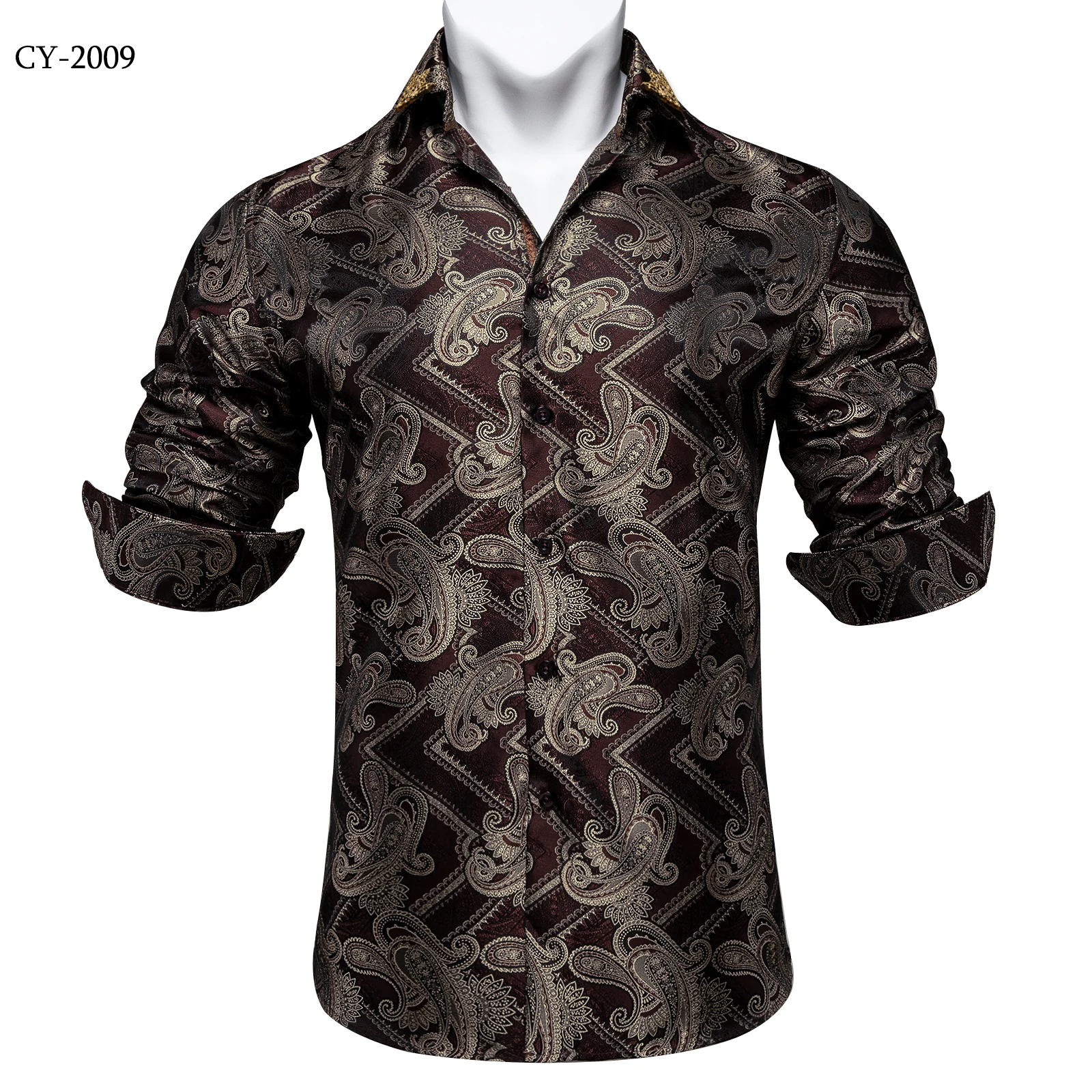 Men's Business Dress Shirts Black Gold Long Sleeve Formal Button-Down Collar Social Slim Fit Shirt Spring Man Casual Blouse