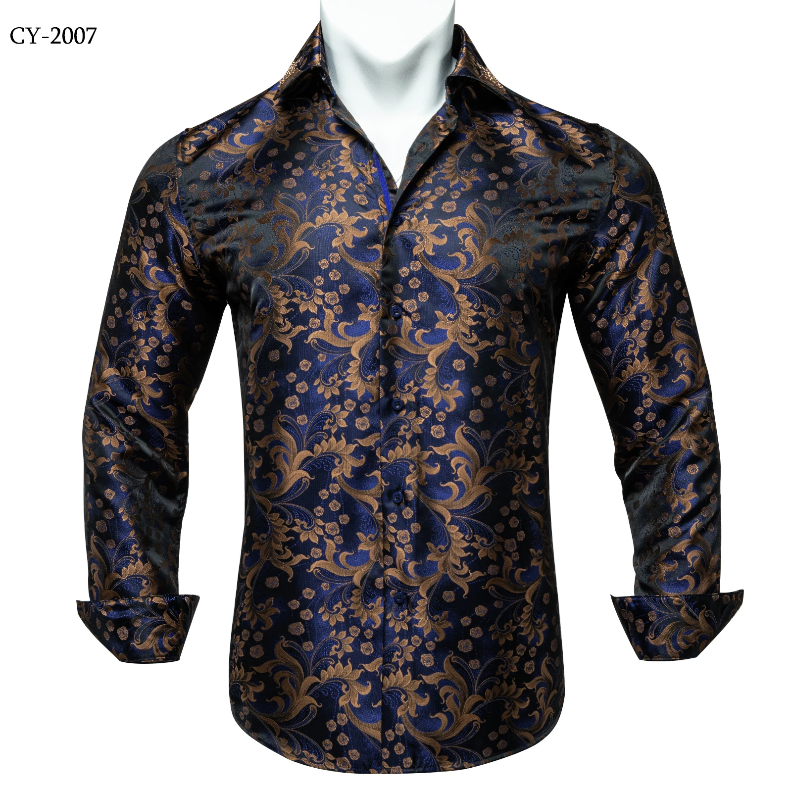Men's Business Dress Shirts Black Gold Long Sleeve Formal Button-Down Collar Social Slim Fit Shirt Spring Man Casual Blouse