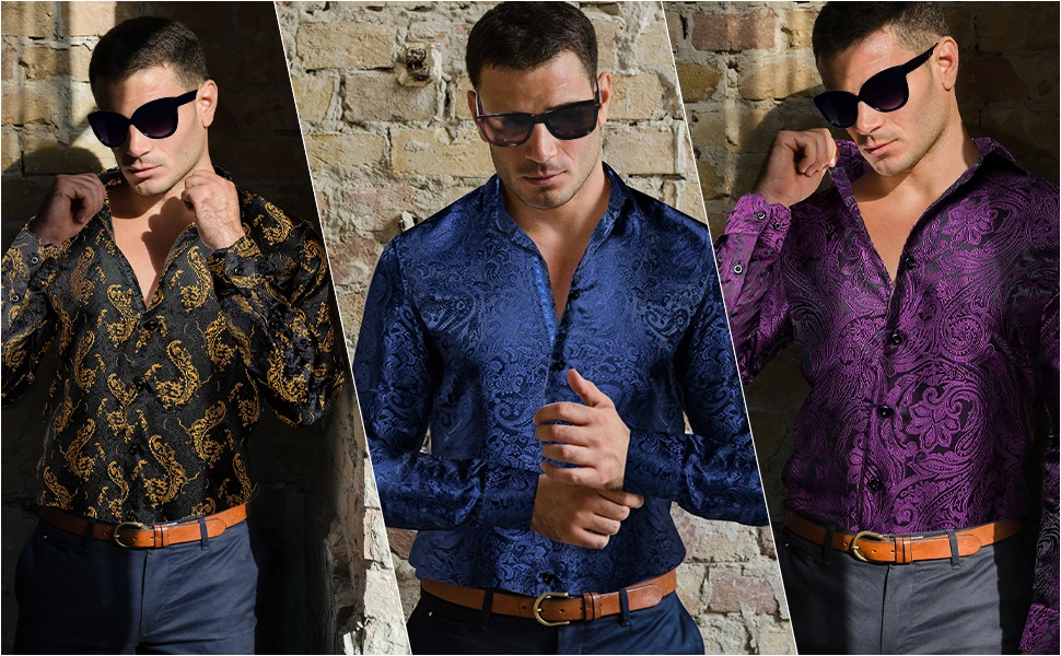 Men's Business Dress Shirts Black Gold Long Sleeve Formal Button-Down Collar Social Slim Fit Shirt Spring Man Casual Blouse