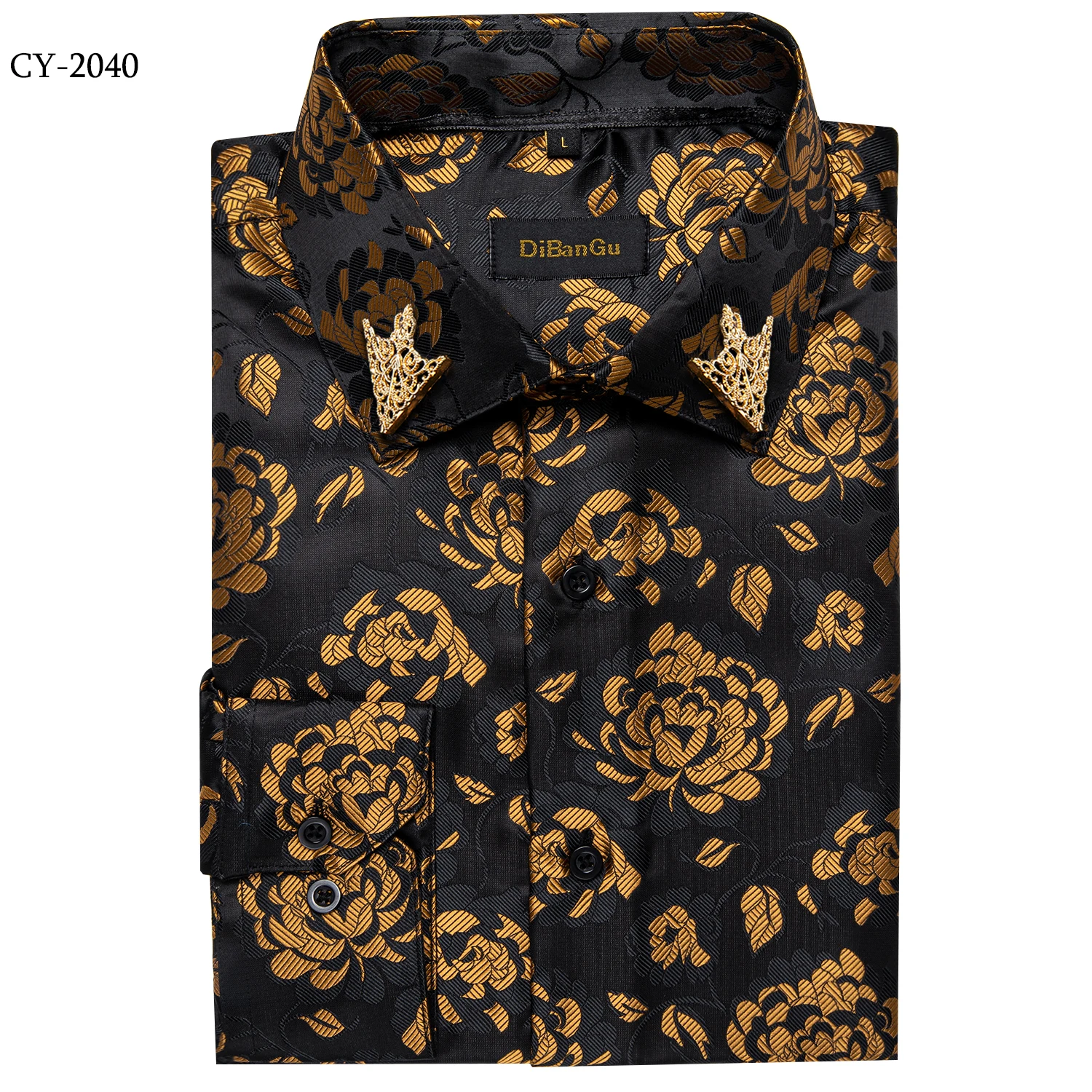 Men's Business Dress Shirts Black Gold Long Sleeve Formal Button-Down Collar Social Slim Fit Shirt Spring Man Casual Blouse