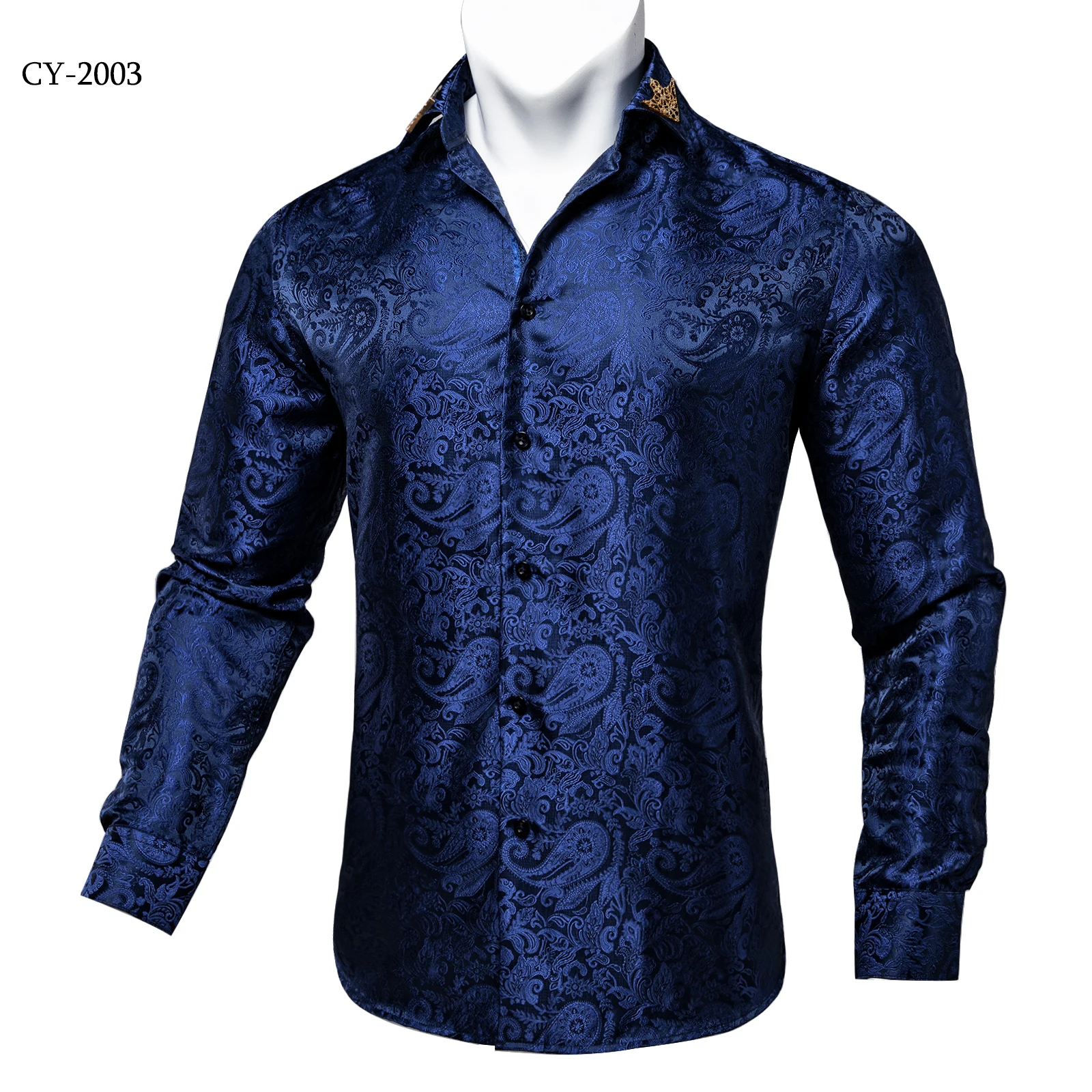 Men's Business Dress Shirts Black Gold Long Sleeve Formal Button-Down Collar Social Slim Fit Shirt Spring Man Casual Blouse