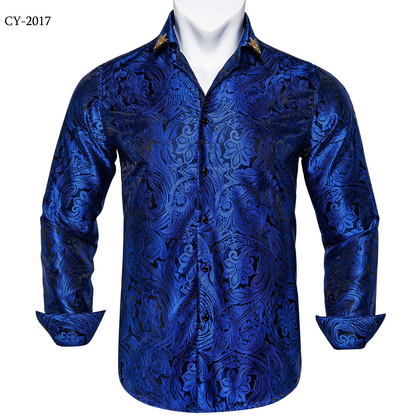 Men's Business Dress Shirts Black Gold Long Sleeve Formal Button-Down Collar Social Slim Fit Shirt Spring Man Casual Blouse