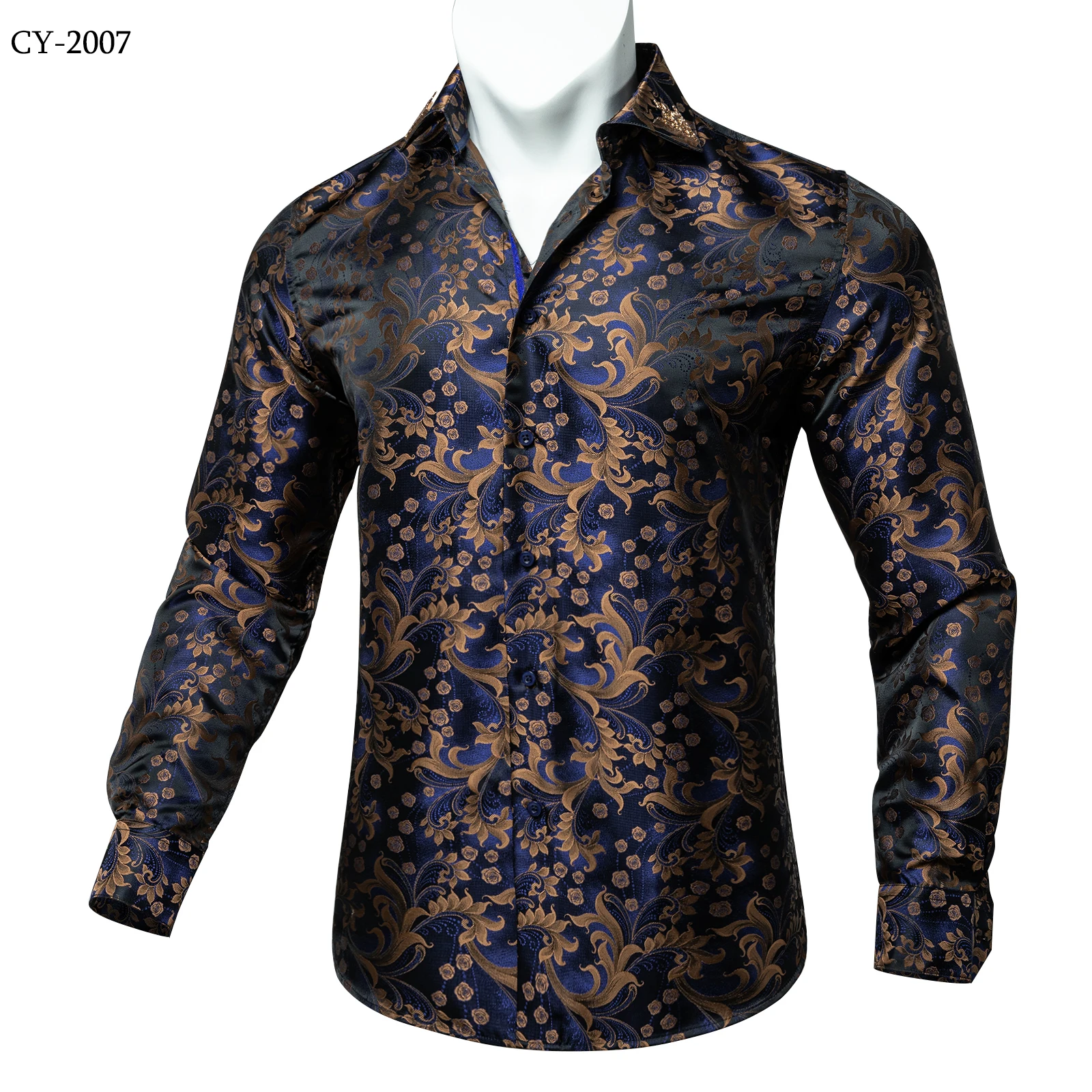 Men's Business Dress Shirts Black Gold Long Sleeve Formal Button-Down Collar Social Slim Fit Shirt Spring Man Casual Blouse