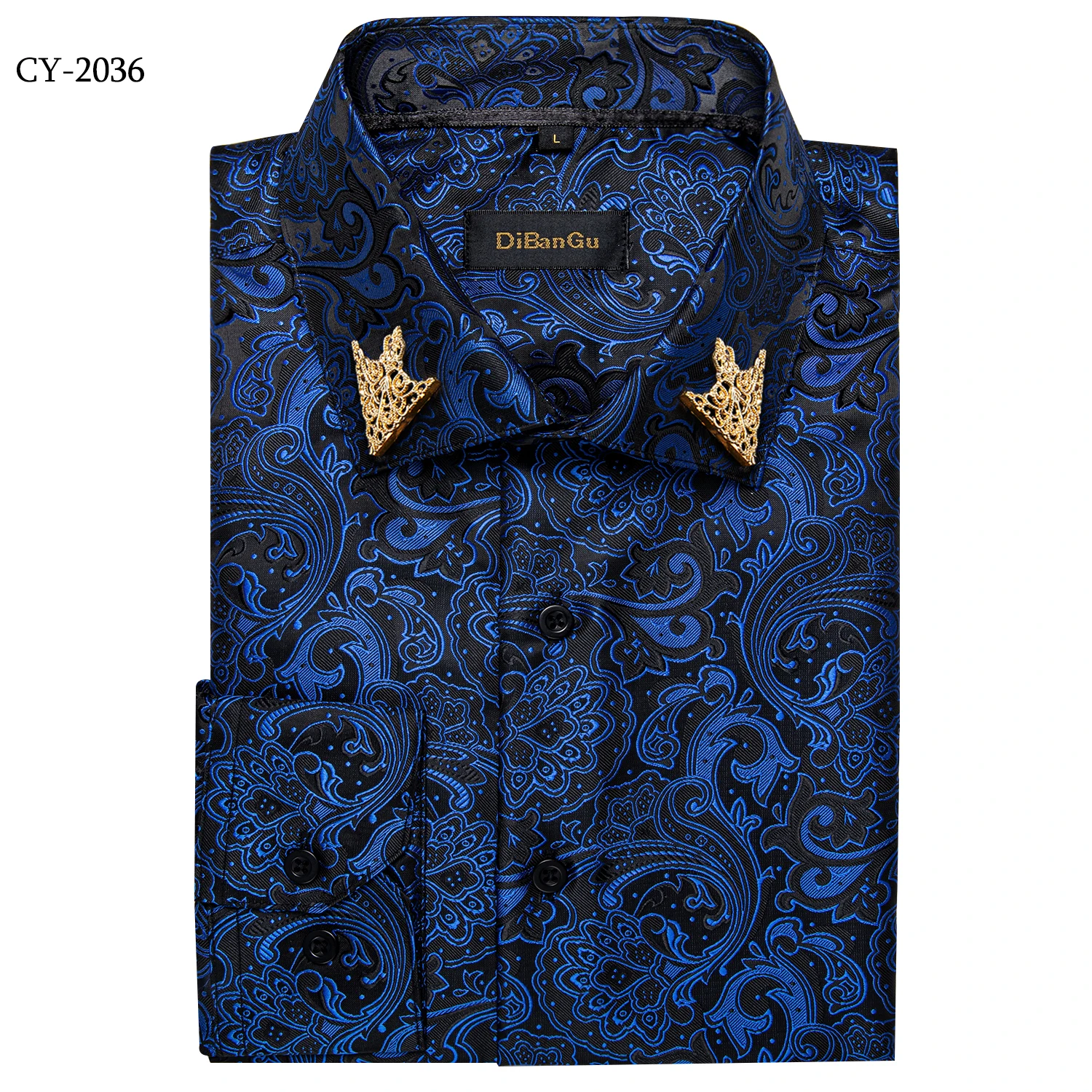Men's Business Dress Shirts Black Gold Long Sleeve Formal Button-Down Collar Social Slim Fit Shirt Spring Man Casual Blouse