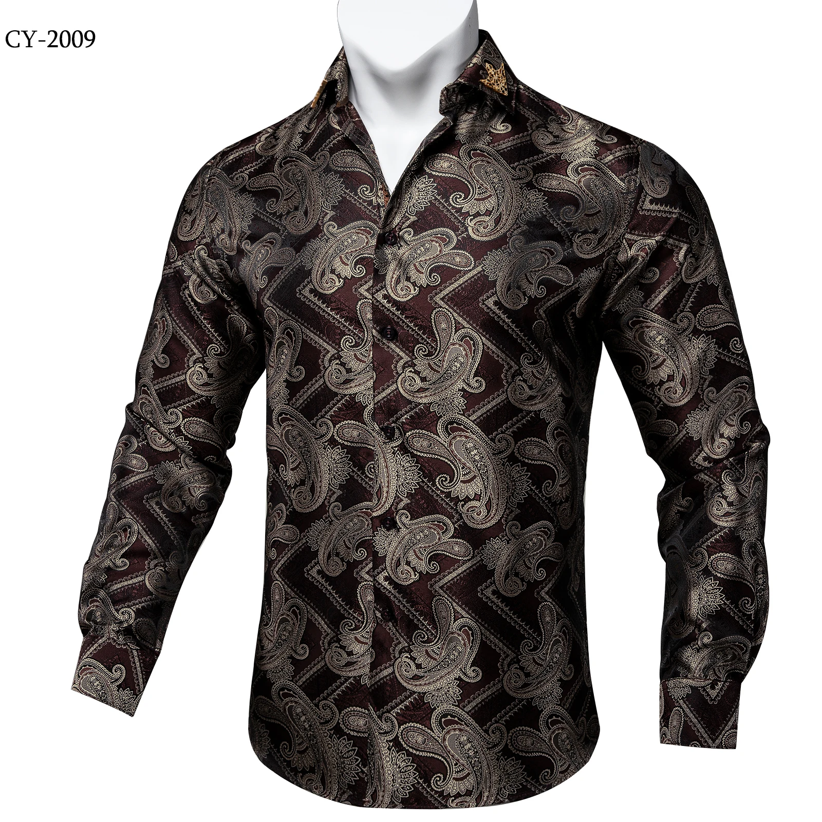 Men's Business Dress Shirts Black Gold Long Sleeve Formal Button-Down Collar Social Slim Fit Shirt Spring Man Casual Blouse