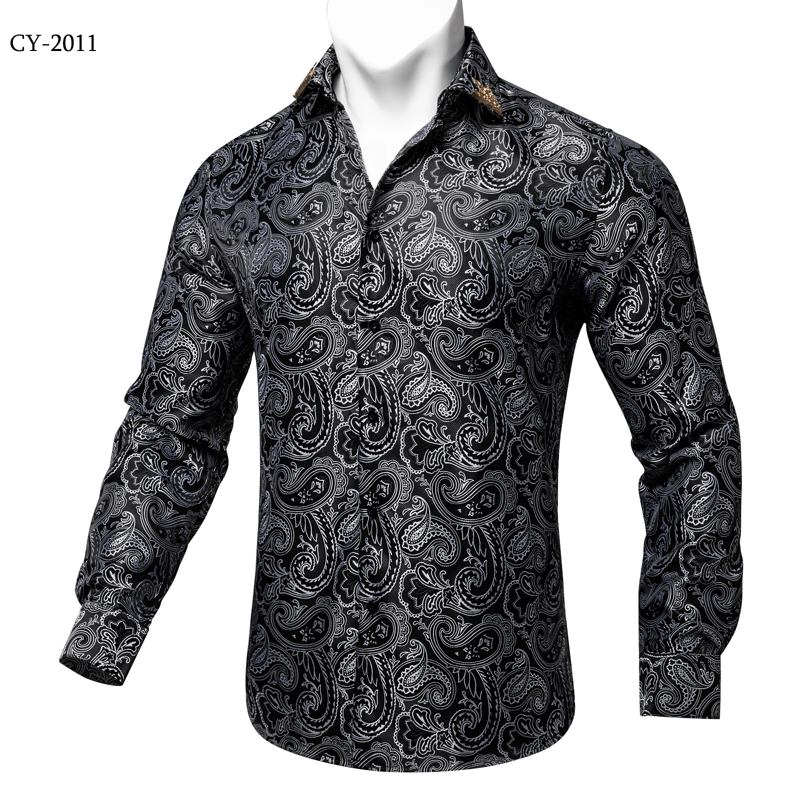 Men's Business Dress Shirts Black Gold Long Sleeve Formal Button-Down Collar Social Slim Fit Shirt Spring Man Casual Blouse