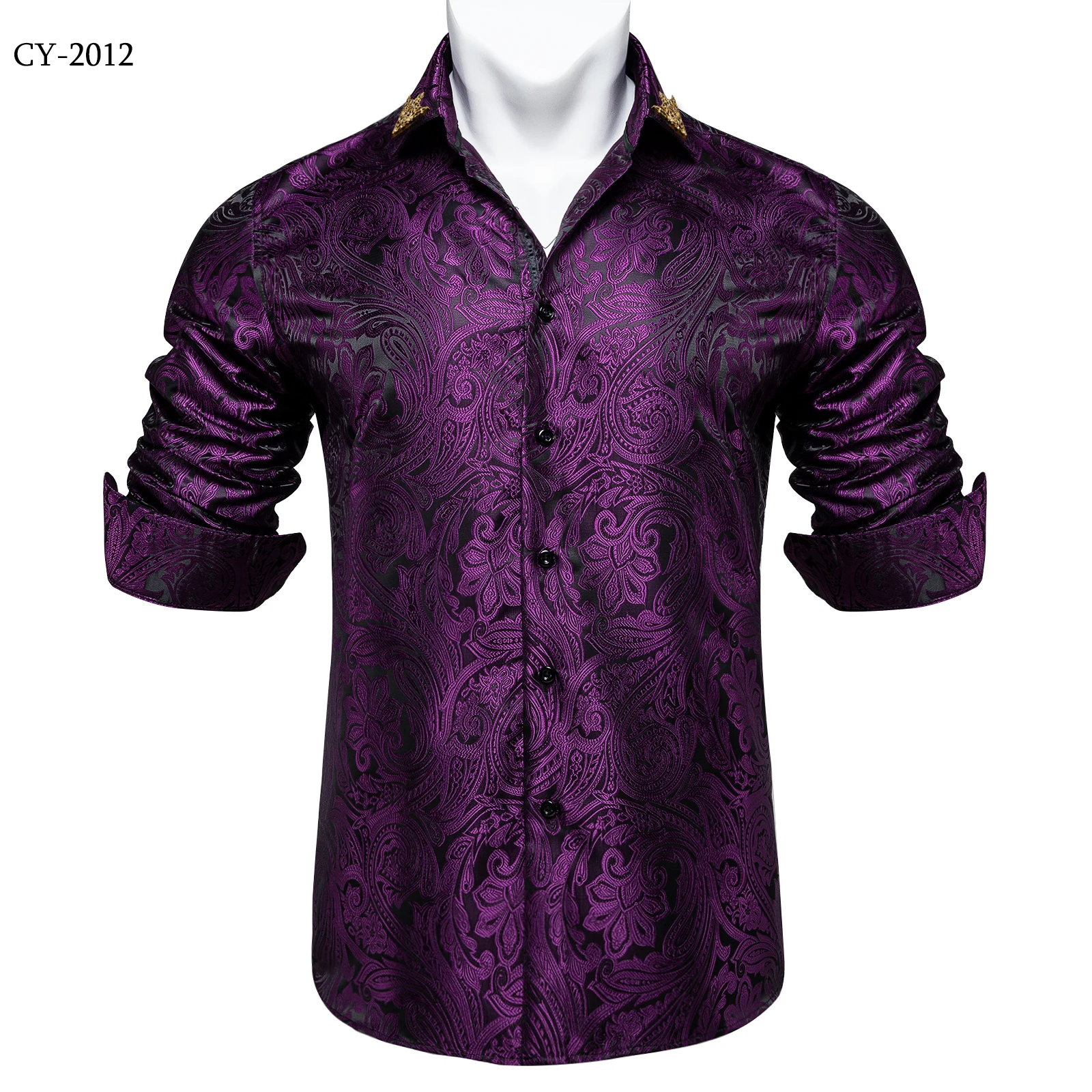Men's Business Dress Shirts Black Gold Long Sleeve Formal Button-Down Collar Social Slim Fit Shirt Spring Man Casual Blouse