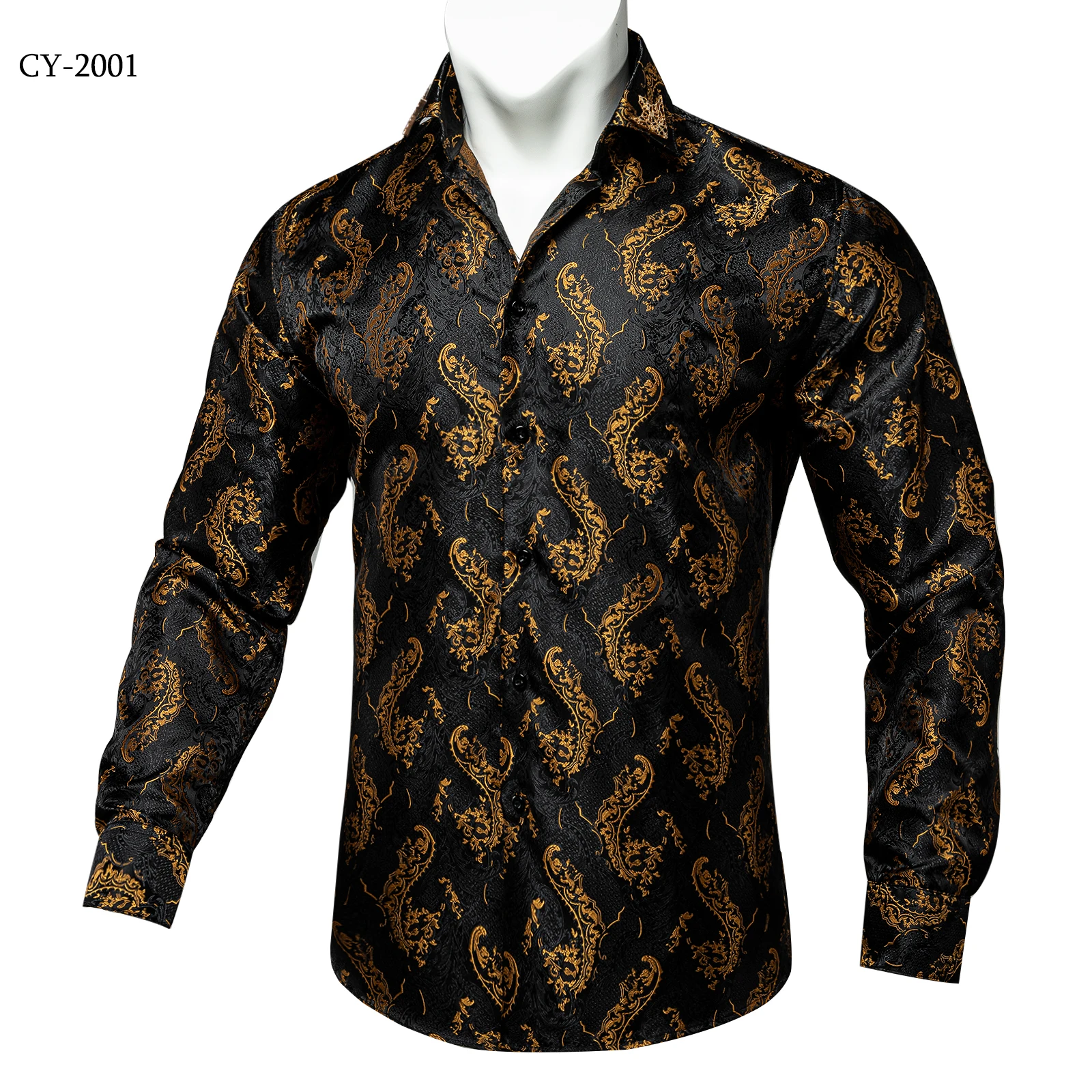 Men's Business Dress Shirts Black Gold Long Sleeve Formal Button-Down Collar Social Slim Fit Shirt Spring Man Casual Blouse