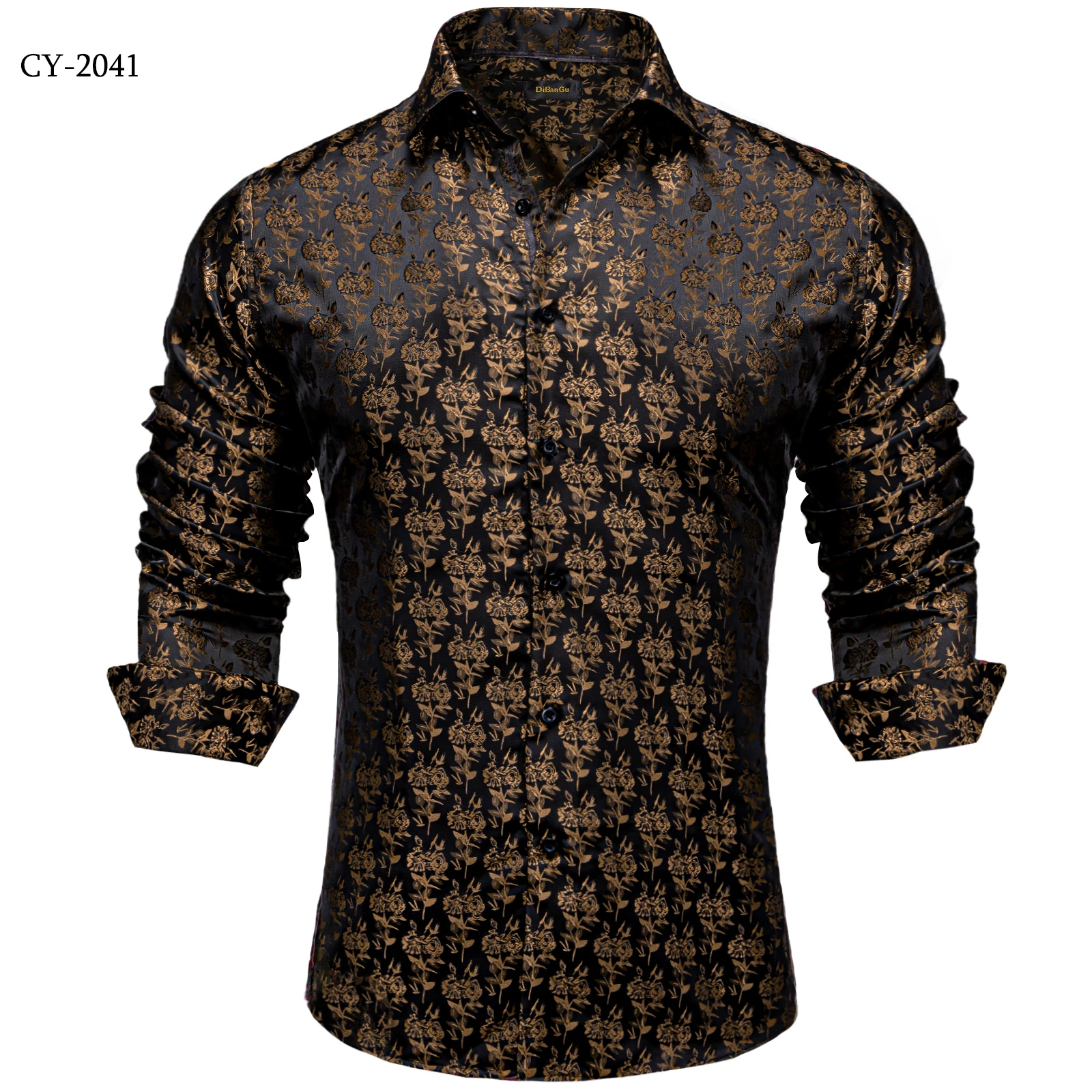 Men's Business Dress Shirts Black Gold Long Sleeve Formal Button-Down Collar Social Slim Fit Shirt Spring Man Casual Blouse
