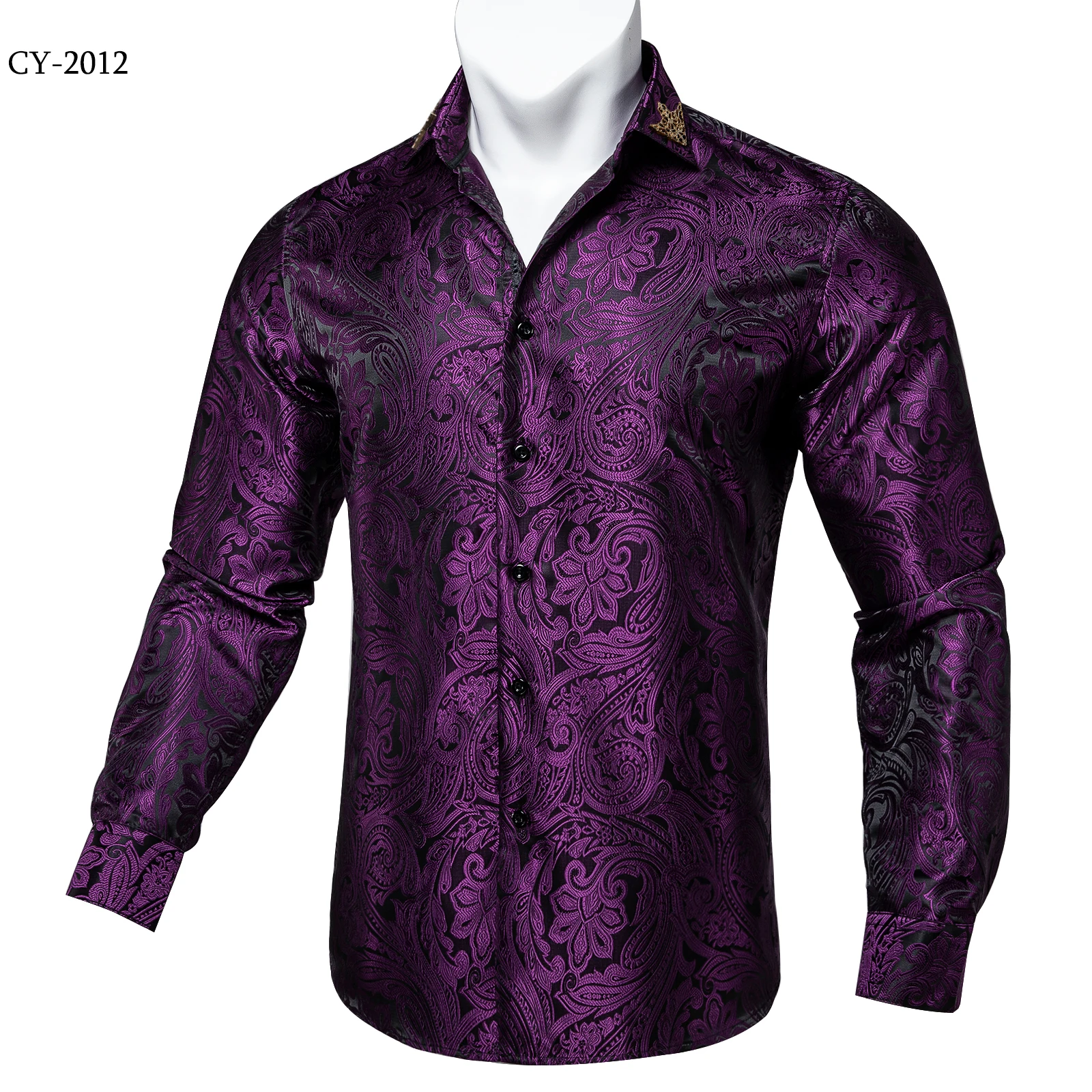 Men's Business Dress Shirts Black Gold Long Sleeve Formal Button-Down Collar Social Slim Fit Shirt Spring Man Casual Blouse