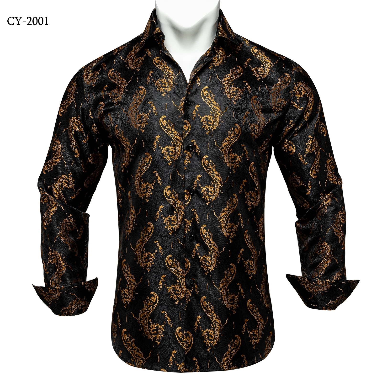 Men's Business Dress Shirts Black Gold Long Sleeve Formal Button-Down Collar Social Slim Fit Shirt Spring Man Casual Blouse