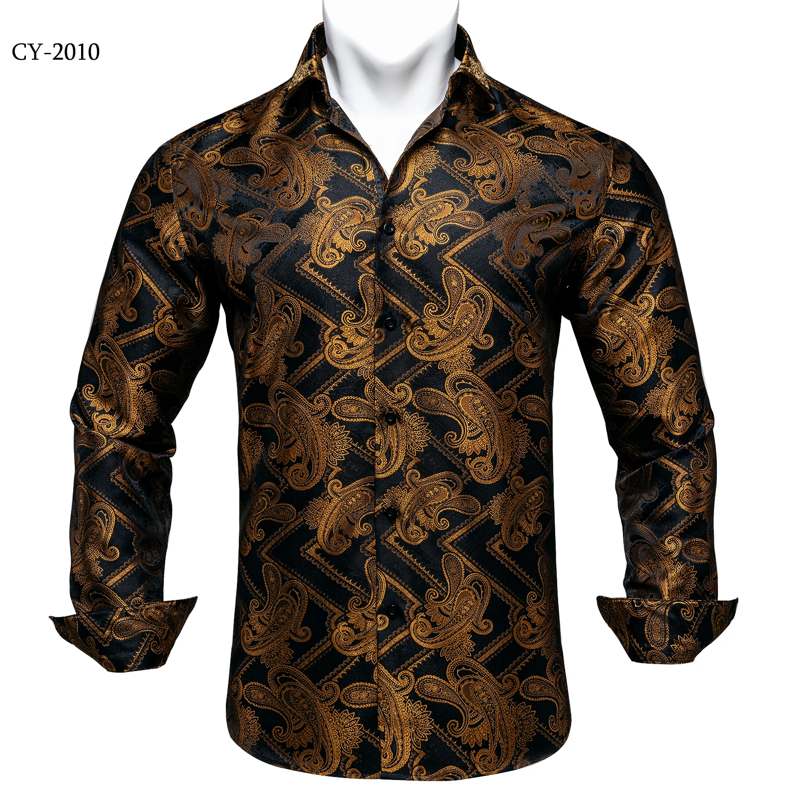 Men's Business Dress Shirts Black Gold Long Sleeve Formal Button-Down Collar Social Slim Fit Shirt Spring Man Casual Blouse