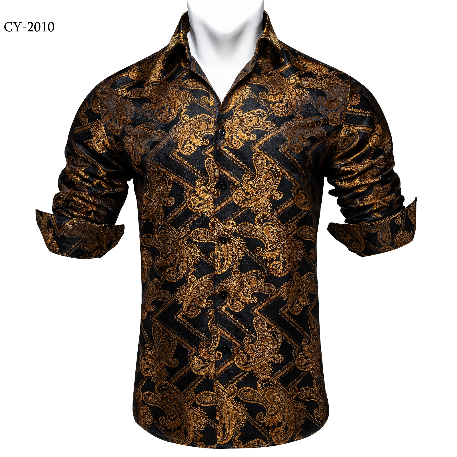 Men's Business Dress Shirts Black Gold Long Sleeve Formal Button-Down Collar Social Slim Fit Shirt Spring Man Casual Blouse