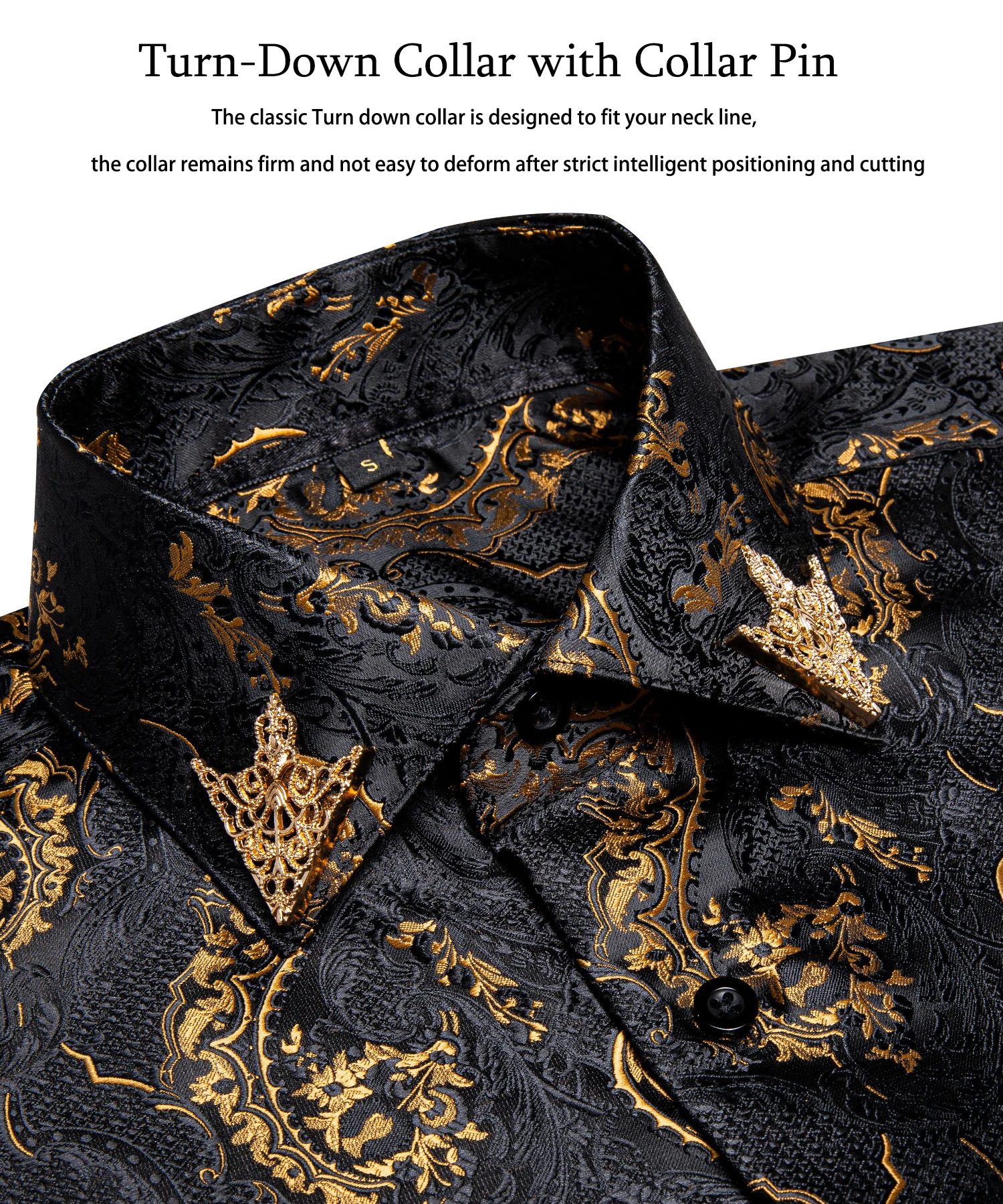 Men's Business Dress Shirts Black Gold Long Sleeve Formal Button-Down Collar Social Slim Fit Shirt Spring Man Casual Blouse