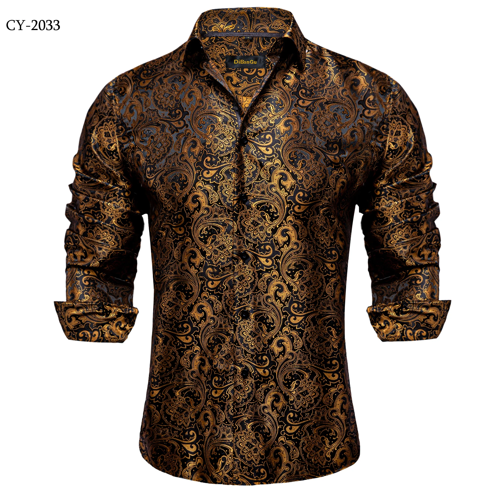 Men's Business Dress Shirts Black Gold Long Sleeve Formal Button-Down Collar Social Slim Fit Shirt Spring Man Casual Blouse